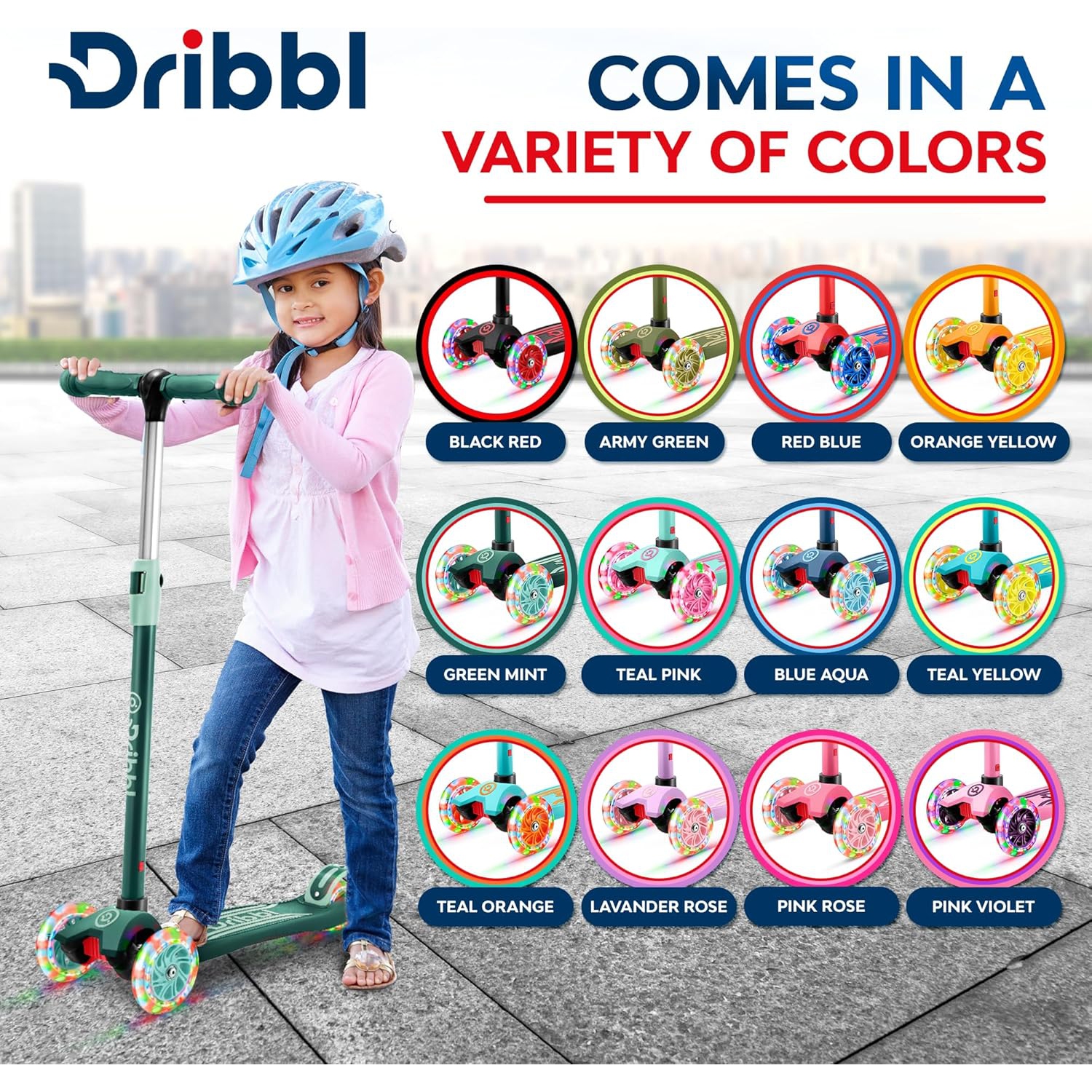 Dribbl 3-Wheel Kids Scooter – Lean-to-Steer Kick Scooter with Adjustable Handlebar, Anti-Slip Deck, Supports Up to 165 lbs – For Boys & Girls Age 3+,