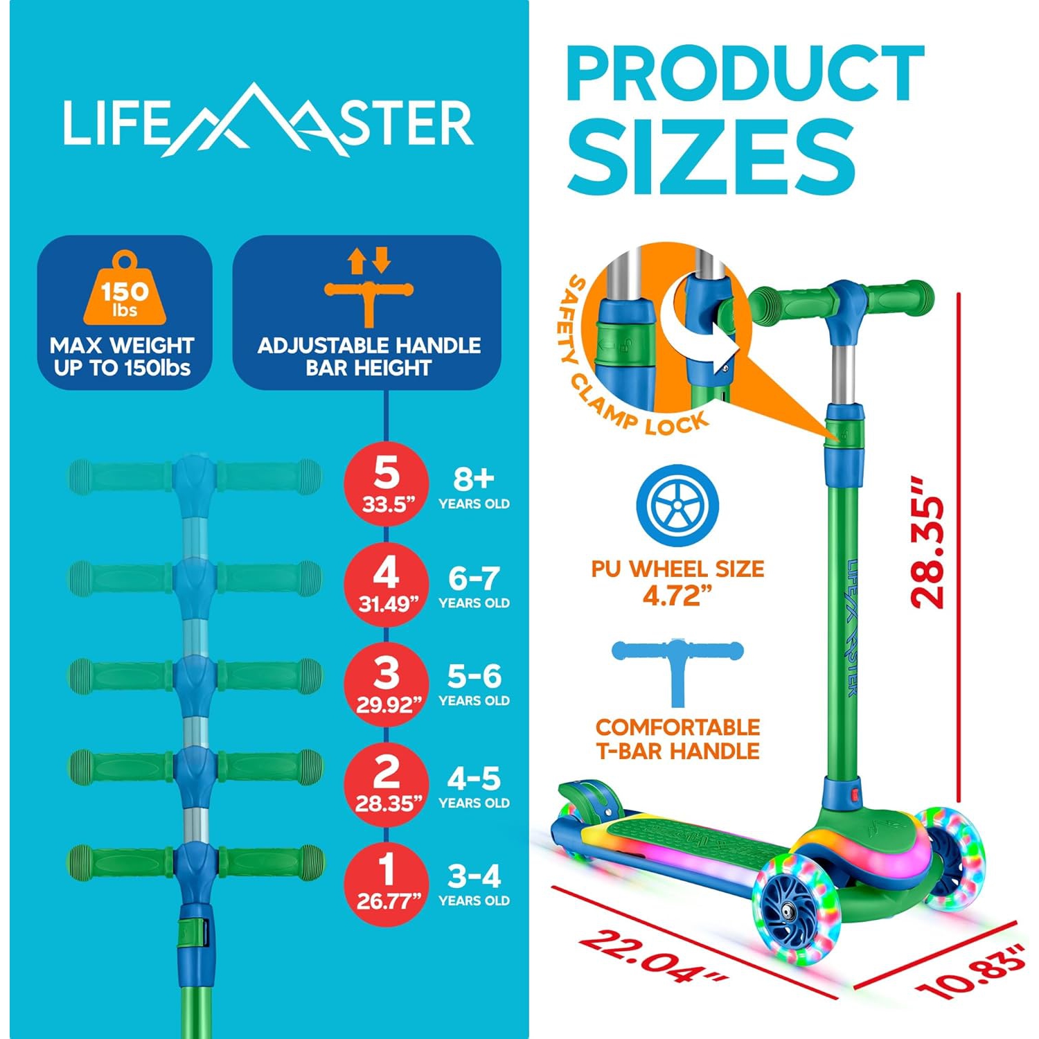 Lifemaster 3-Wheel Kids Scooter with LED Wheels & Deck Lights, 5-Height Adjustable Handlebar, Anti-Slip Wide Deck, for Ages 3+, Supports 150 lbs –