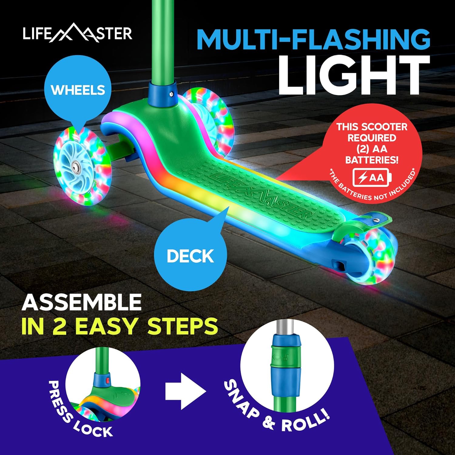 Lifemaster 3-Wheel Kids Scooter with LED Wheels & Deck Lights, 5-Height Adjustable Handlebar, Anti-Slip Wide Deck, for Ages 3+, Supports 150 lbs –