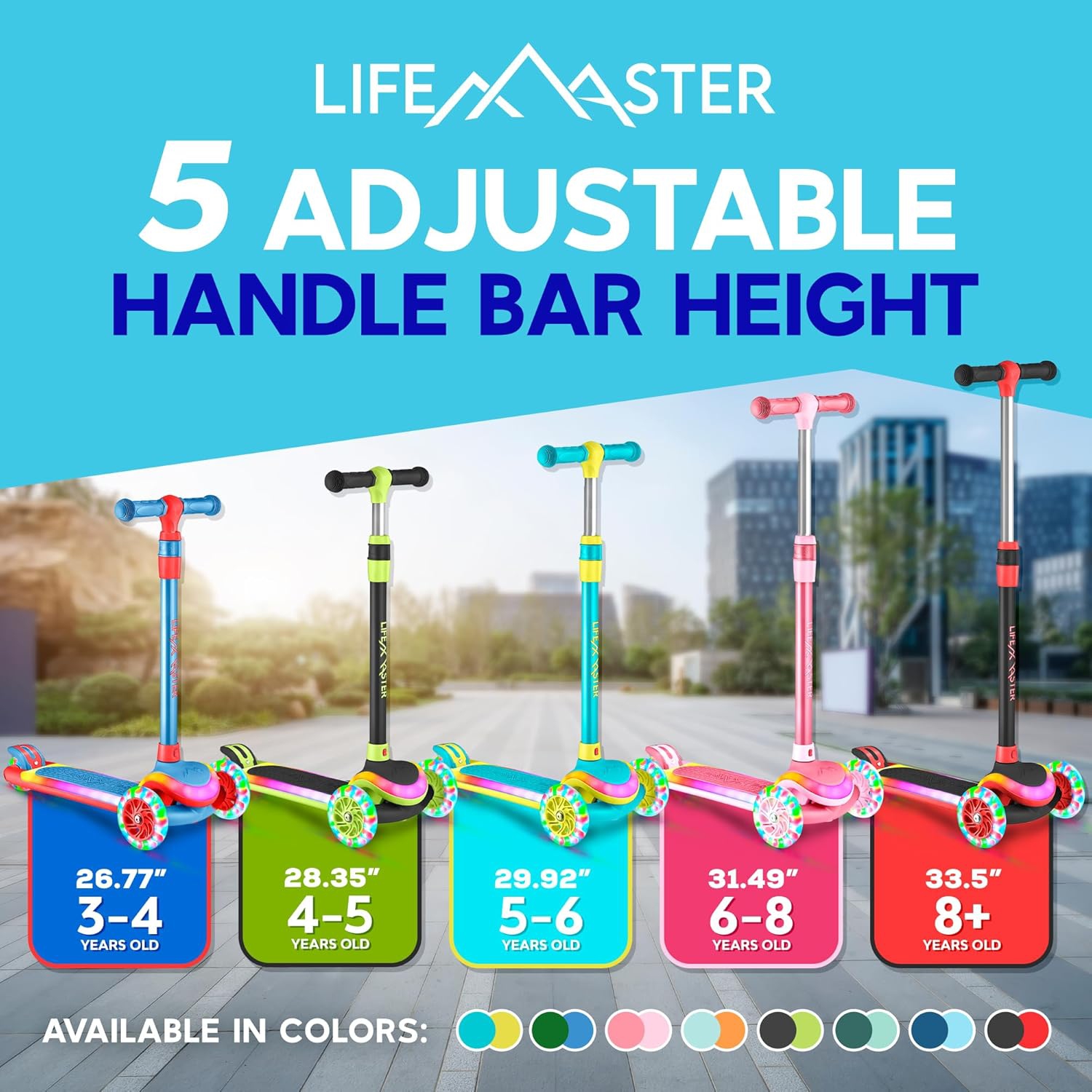 Lifemaster 3-Wheel Kids Scooter with LED Wheels & Deck Lights, 5-Height Adjustable Handlebar, Anti-Slip Wide Deck, for Ages 3+, Supports 150 lbs –