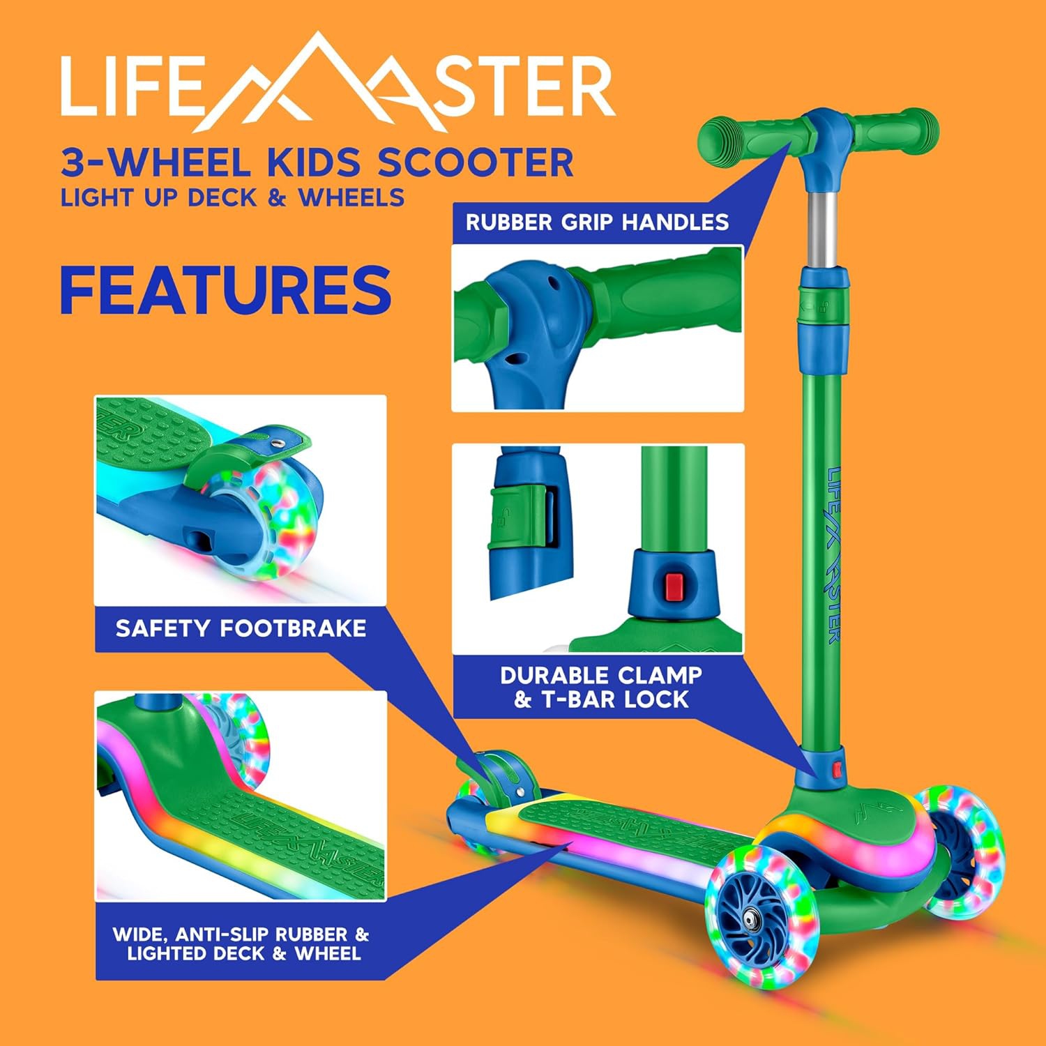 Lifemaster 3-Wheel Kids Scooter with LED Wheels & Deck Lights, 5-Height Adjustable Handlebar, Anti-Slip Wide Deck, for Ages 3+, Supports 150 lbs –