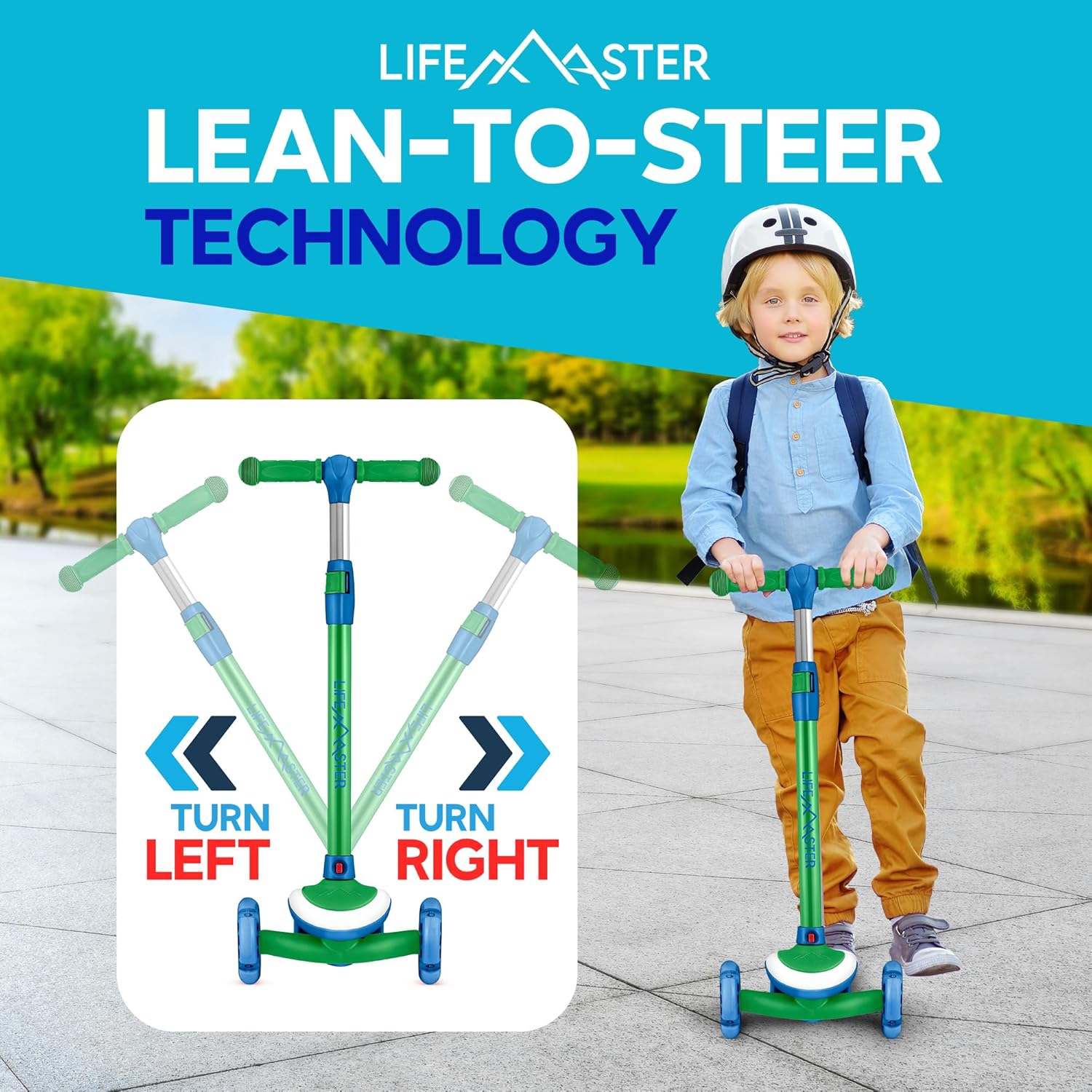 Lifemaster 3-Wheel Kids Scooter with LED Wheels & Deck Lights, 5-Height Adjustable Handlebar, Anti-Slip Wide Deck, for Ages 3+, Supports 150 lbs –