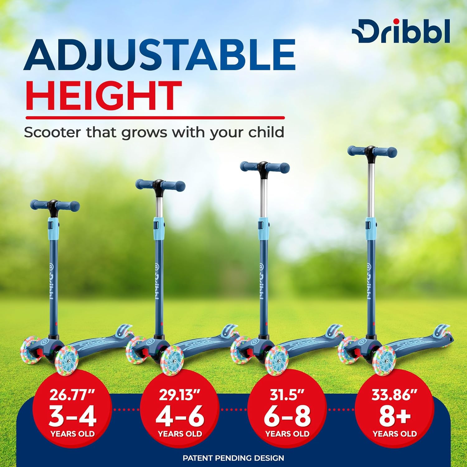 Dribbl 3-Wheel Kids Scooter – Lean-to-Steer Kick Scooter with Adjustable Handlebar, Anti-Slip Deck, Supports Up to 165 lbs – For Boys & Girls Age 3+,