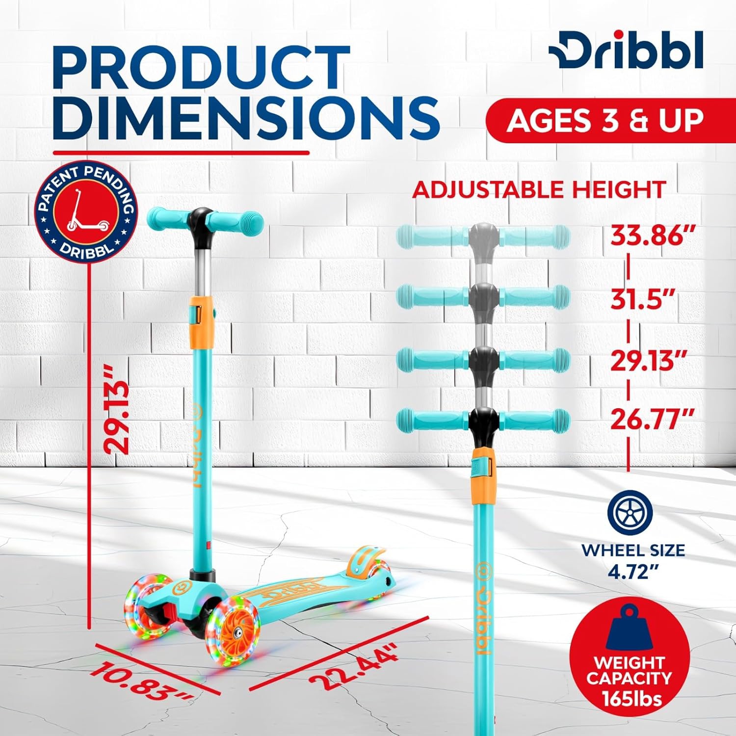 Dribbl 3-Wheel Kids Scooter – Lean-to-Steer Kick Scooter with Adjustable Handlebar, Anti-Slip Deck, Supports Up to 165 lbs – For Boys & Girls Age 3+,