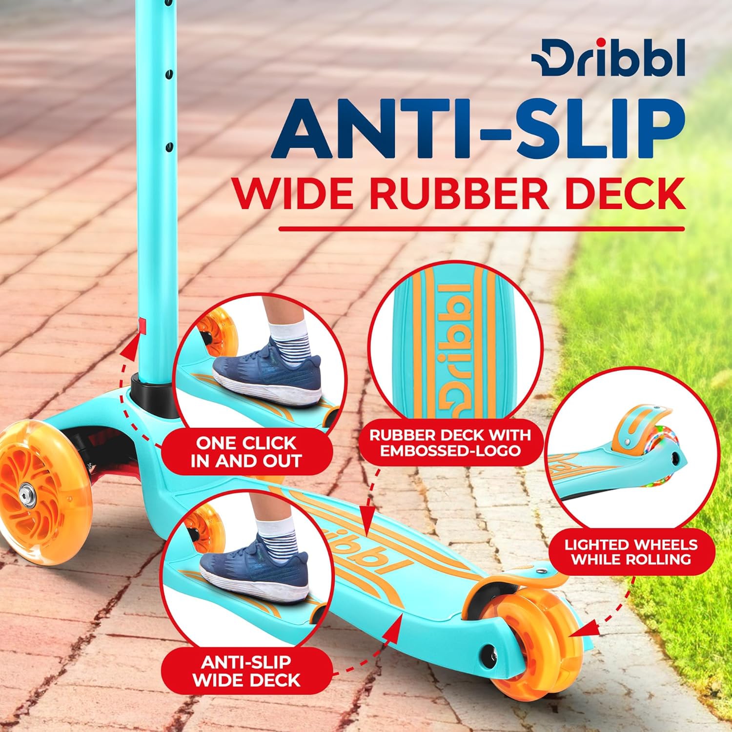 Dribbl 3-Wheel Kids Scooter – Lean-to-Steer Kick Scooter with Adjustable Handlebar, Anti-Slip Deck, Supports Up to 165 lbs – For Boys & Girls Age 3+,