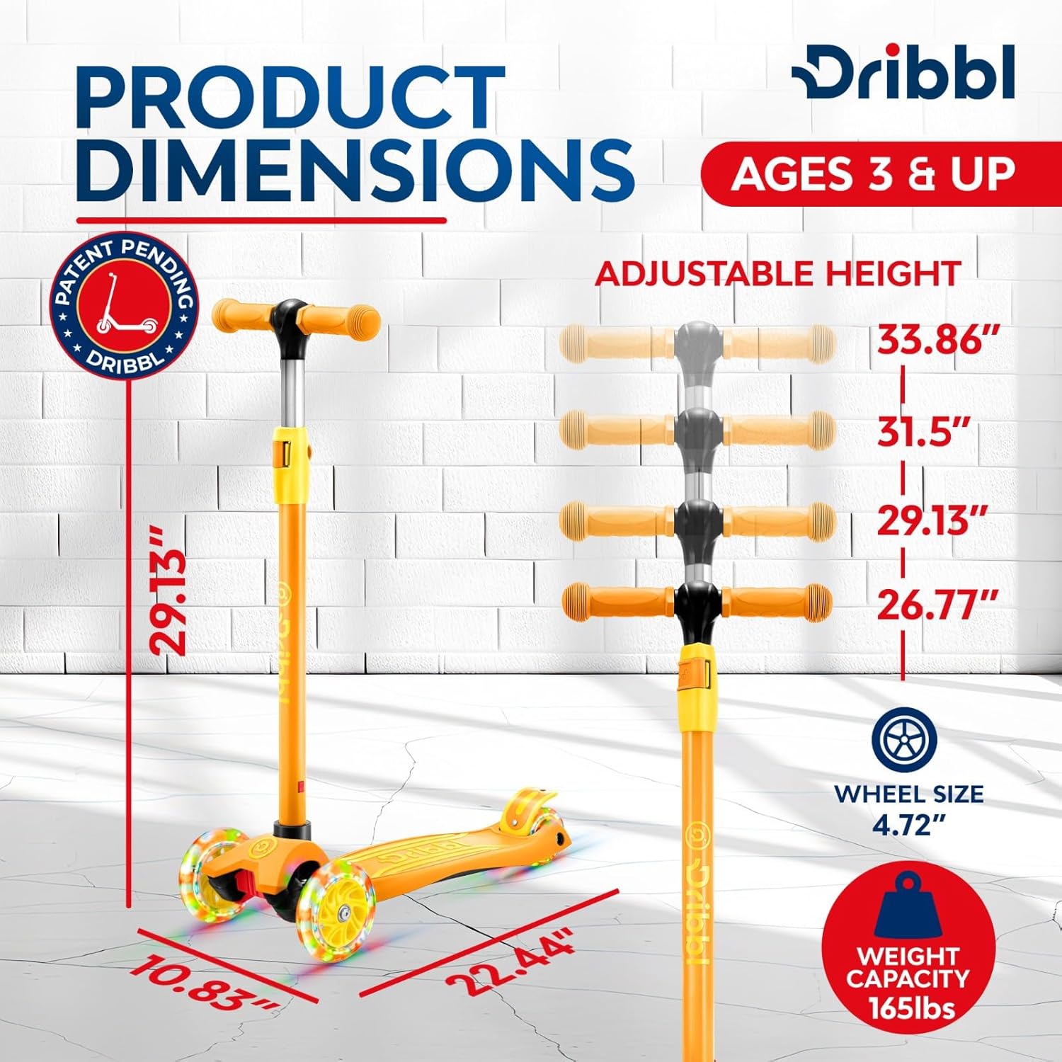 Dribbl 3-Wheel Kids Scooter – Lean-to-Steer Kick Scooter with Adjustable Handlebar, Anti-Slip Deck, Supports Up to 165 lbs – For Boys & Girls Age 3+,