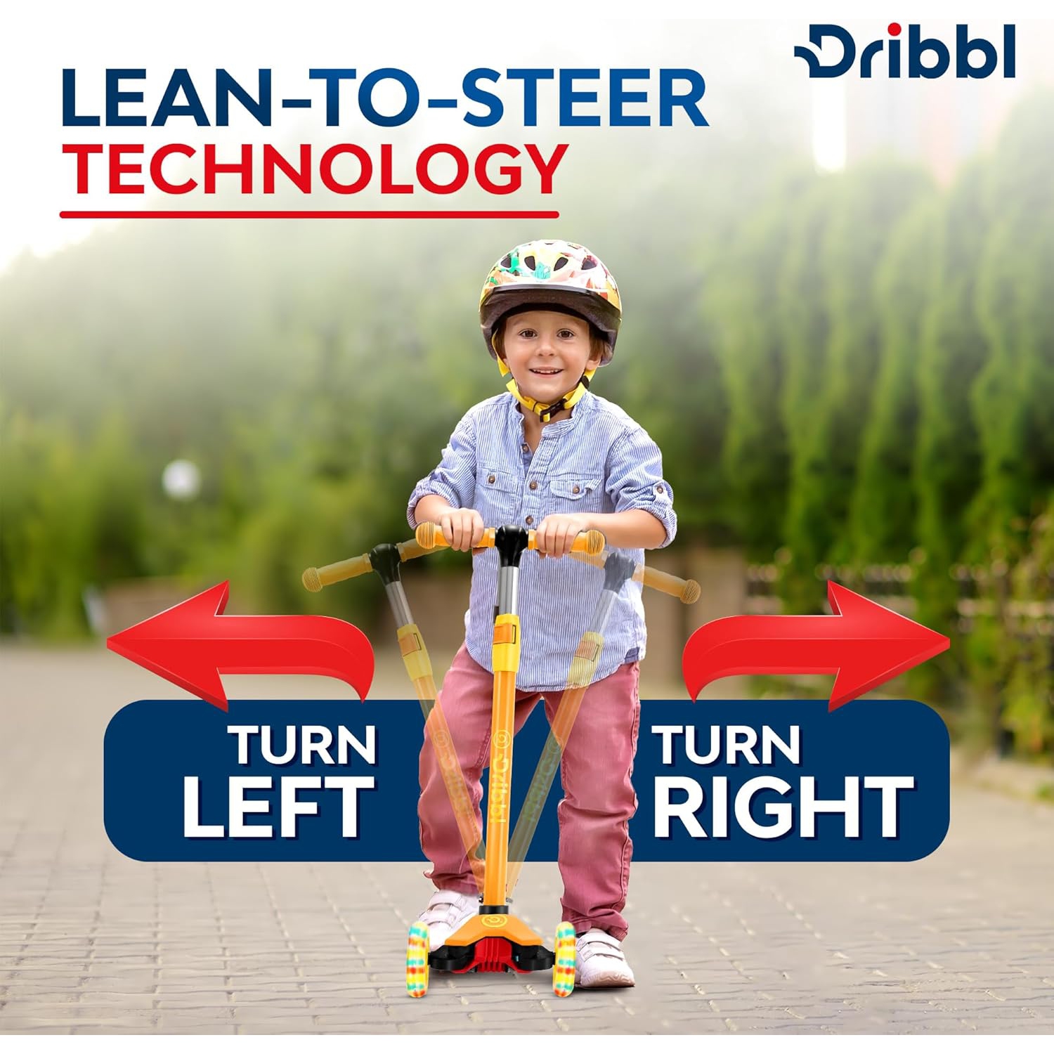 Dribbl 3-Wheel Kids Scooter – Lean-to-Steer Kick Scooter with Adjustable Handlebar, Anti-Slip Deck, Supports Up to 165 lbs – For Boys & Girls Age 3+,