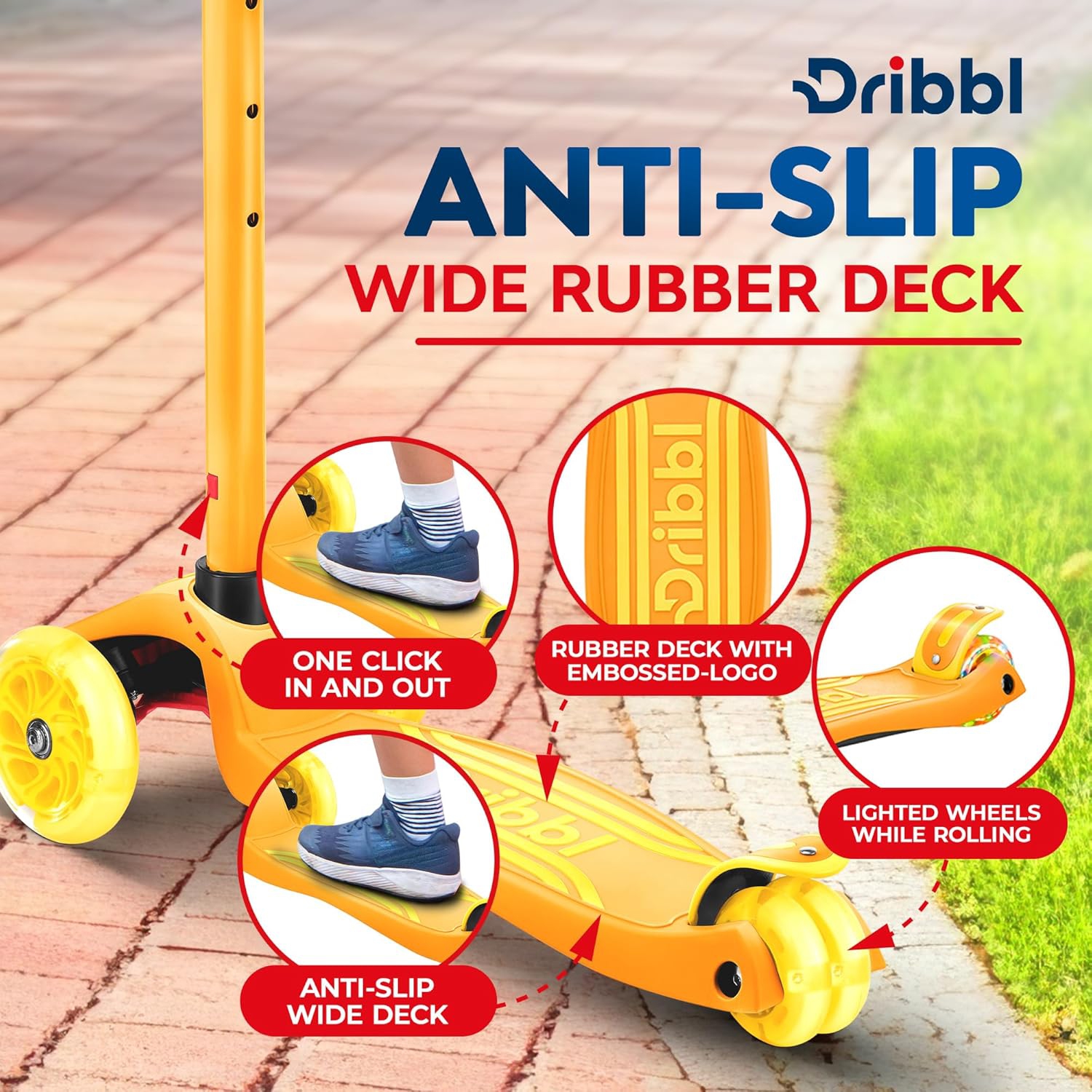 Dribbl 3-Wheel Kids Scooter – Lean-to-Steer Kick Scooter with Adjustable Handlebar, Anti-Slip Deck, Supports Up to 165 lbs – For Boys & Girls Age 3+,