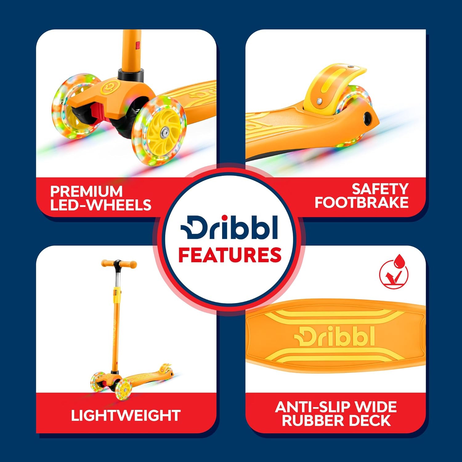 Dribbl 3-Wheel Kids Scooter – Lean-to-Steer Kick Scooter with Adjustable Handlebar, Anti-Slip Deck, Supports Up to 165 lbs – For Boys & Girls Age 3+,