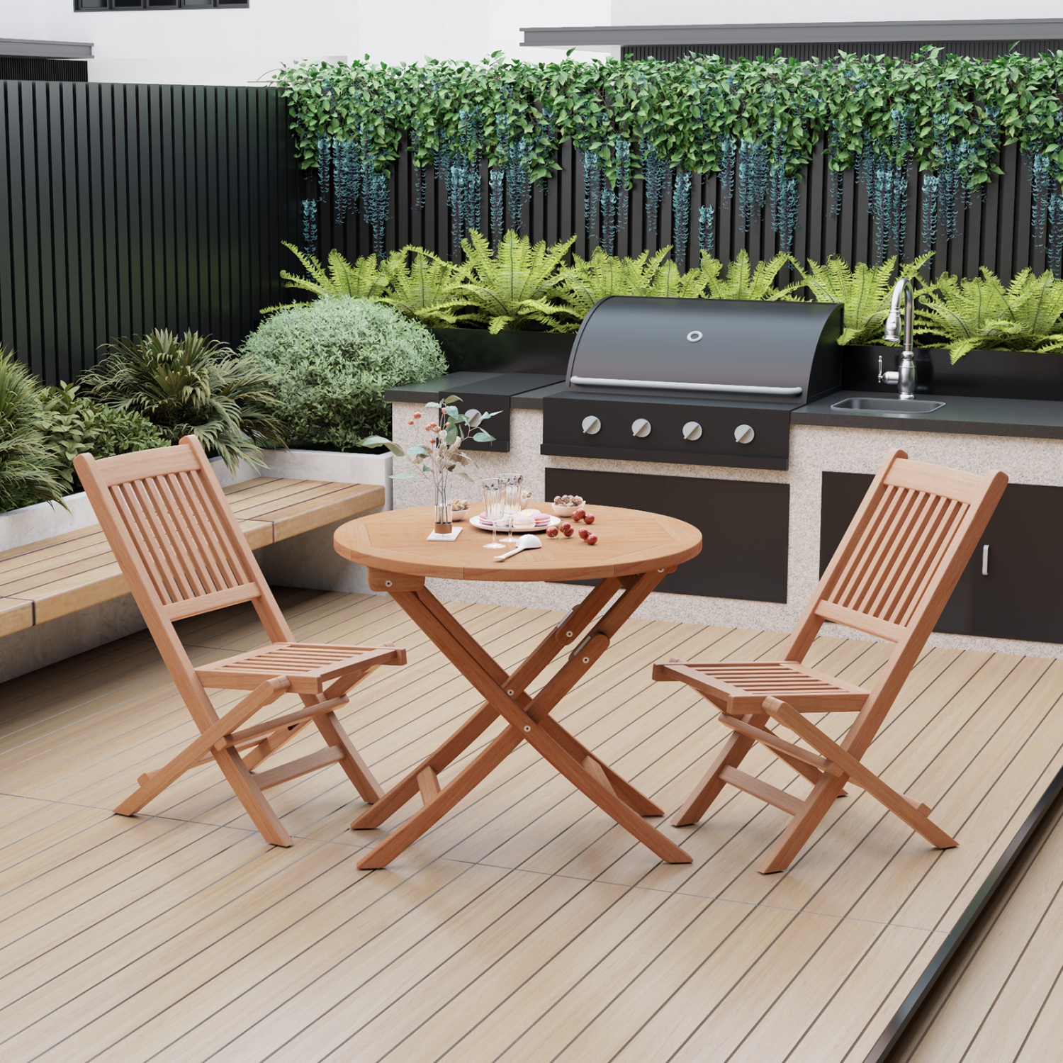 Costway 3pcs Patio Outdoor Indonesia Teak Wood Bistro Dining Set Folding Chair & Table Slatted