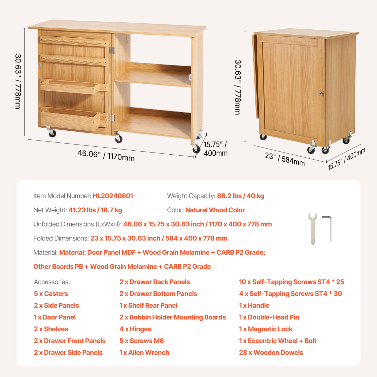VEVOR Folding Sewing Table, Multipurpose Sewing Machine Table with Compact Design, Wheels, Shelves, Storage Trays, Wooden Pegs, and Magnetic Doors,