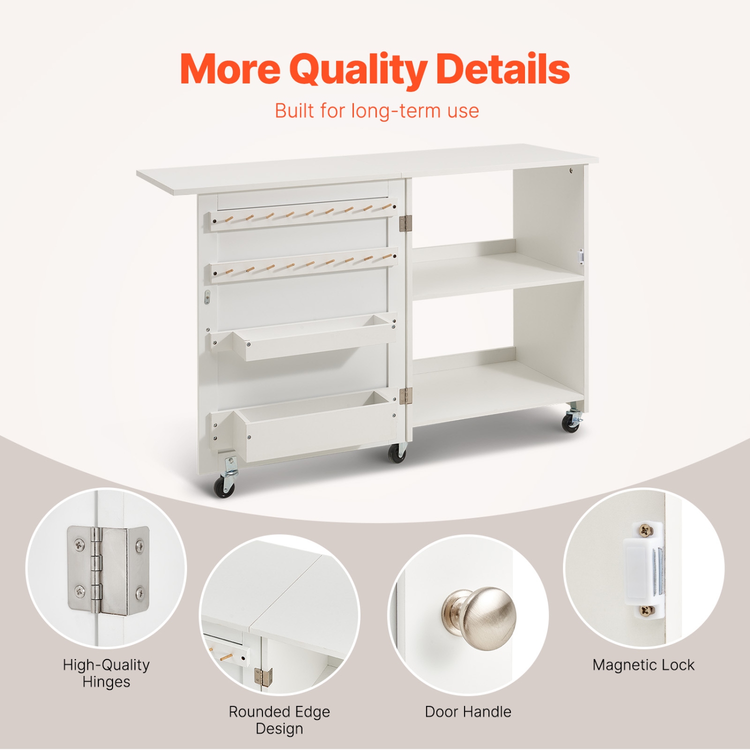 VEVOR Folding Sewing Table, Multipurpose Sewing Machine Table with Compact Design, Wheels, Shelves, Storage Trays, Wooden Pegs, and Magnetic Doors,