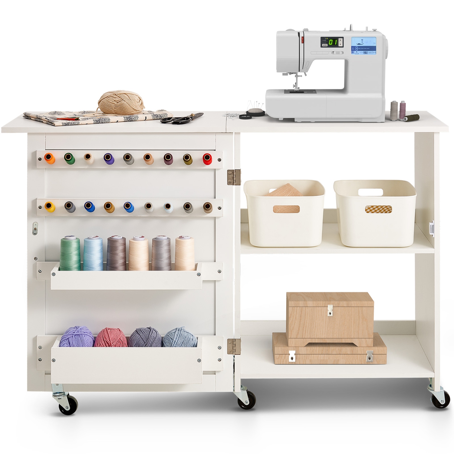 VEVOR Folding Sewing Table, Multipurpose Sewing Machine Table with Compact Design, Wheels, Shelves, Storage Trays, Wooden Pegs, and Magnetic Doors,