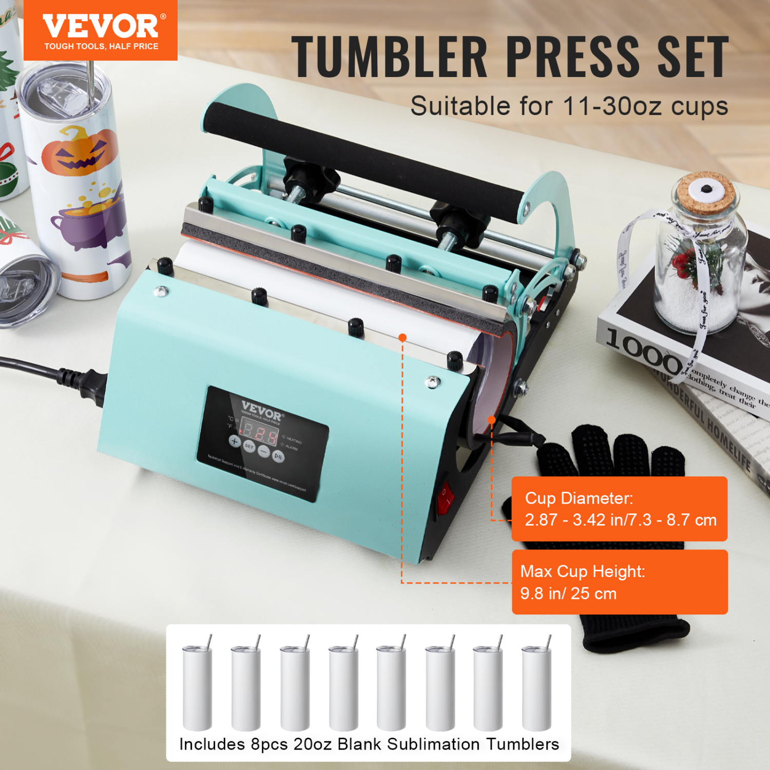 VEVOR 20OZ Tumbler Heat Press Machine and Sublimation Tumblers, Tumbler Press Set with 8pcs Blank Tumblers, Mug Press Cup Press for 11-30oz Tumblers