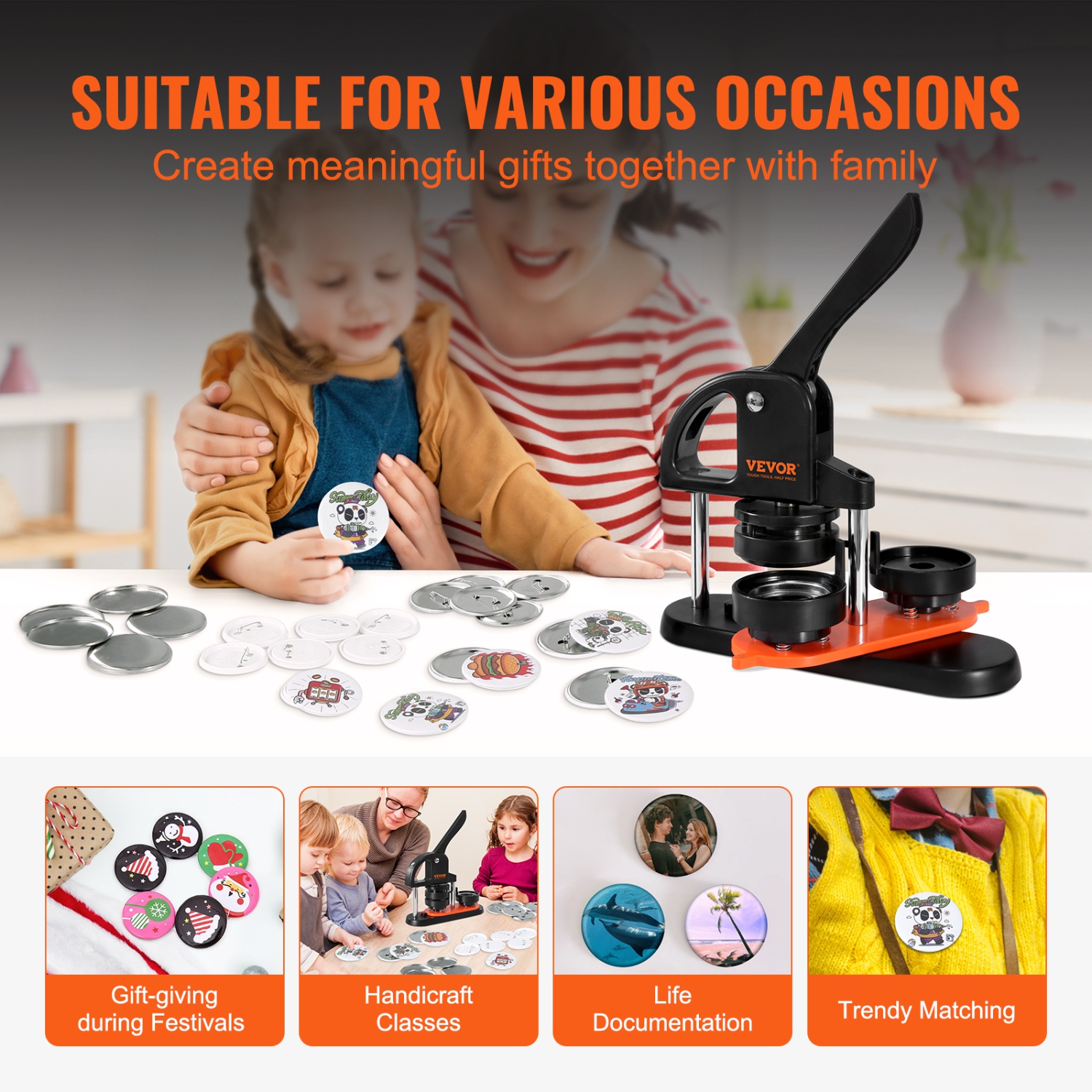 VEVOR 2.28 inch/58mm Button Maker Machine, Pin Maker, Installation-Free Badge Punch Press Kit, Children DIY Gifts Button Making Supplies with 500pcs