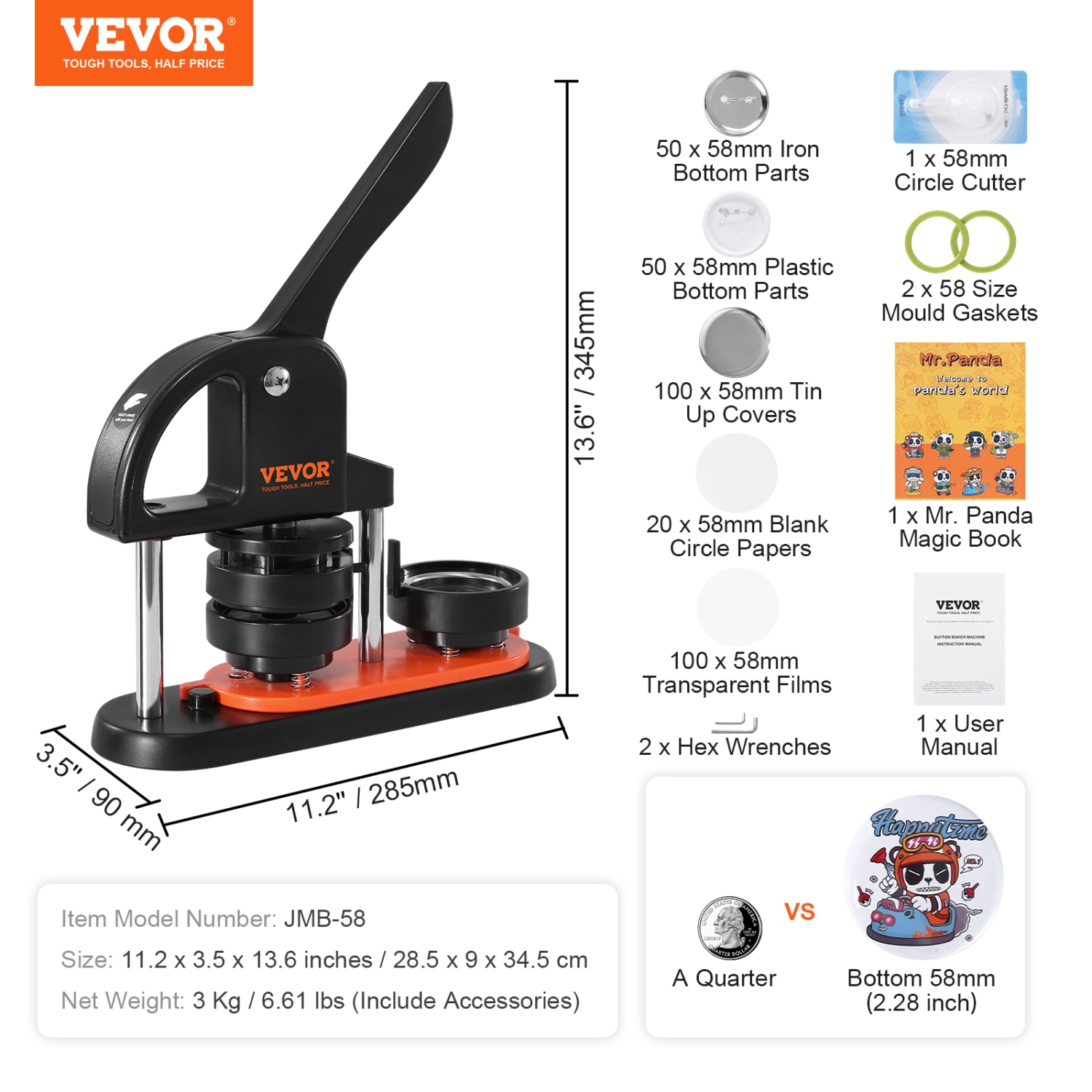 VEVOR 2.28 inch/58mm Button Maker Machine, Pin Maker, Installation-Free Badge Punch Press Kit, Children DIY Gifts Button Making Supplies with 500pcs