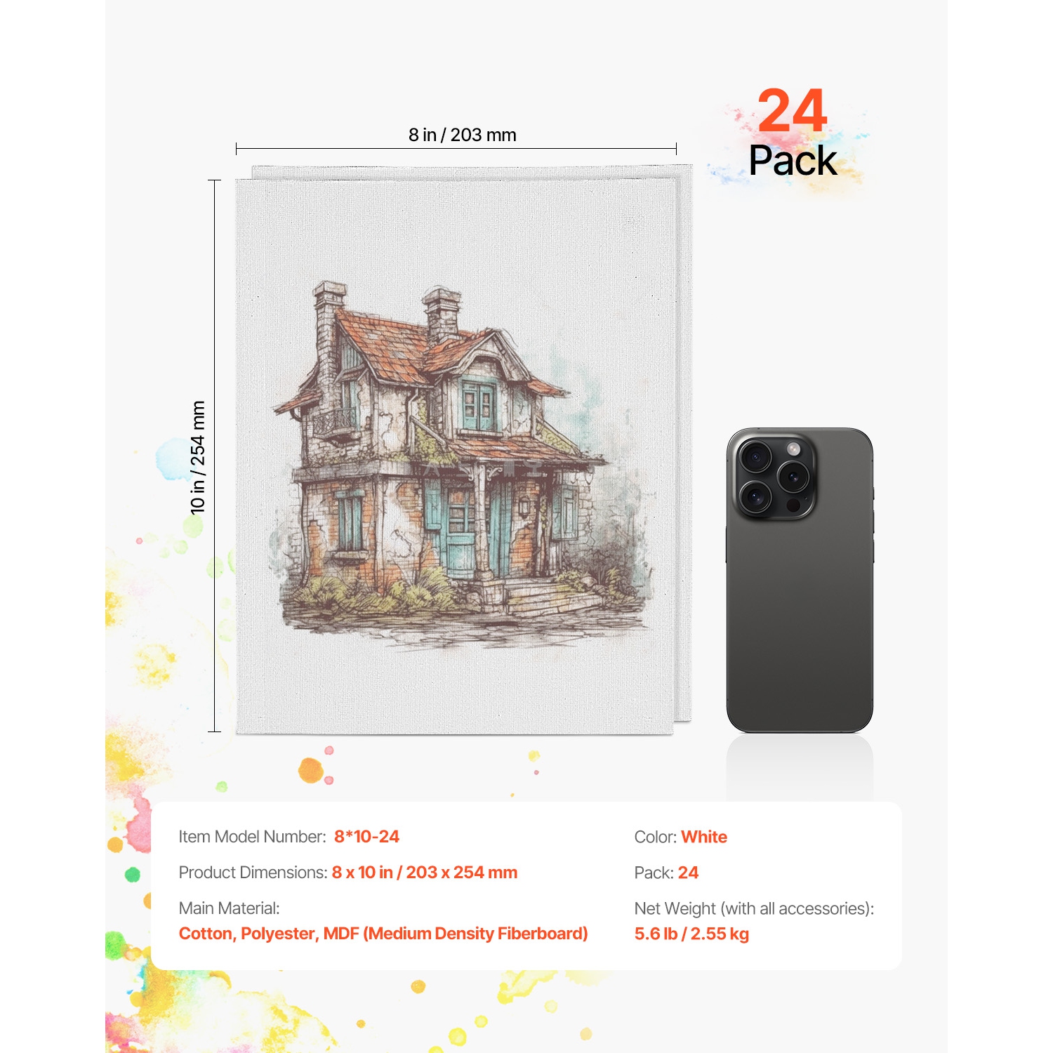 VEVOR 8 x 10 Inch Canvas Boards for Painting, White Canvases for Painting, 24 Pack Painting Canvas Panels for Sketching, Acrylic and Oil Painting,