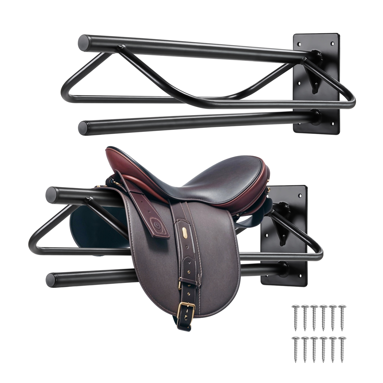 VEVOR 23.8 x 12.6 x 10.2 in Saddle Rack with Pad Bar, 2 Packs Wall Mounted Saddle Stand, Heavy-Duty Steel Saddle Holder, Western & English Saddle