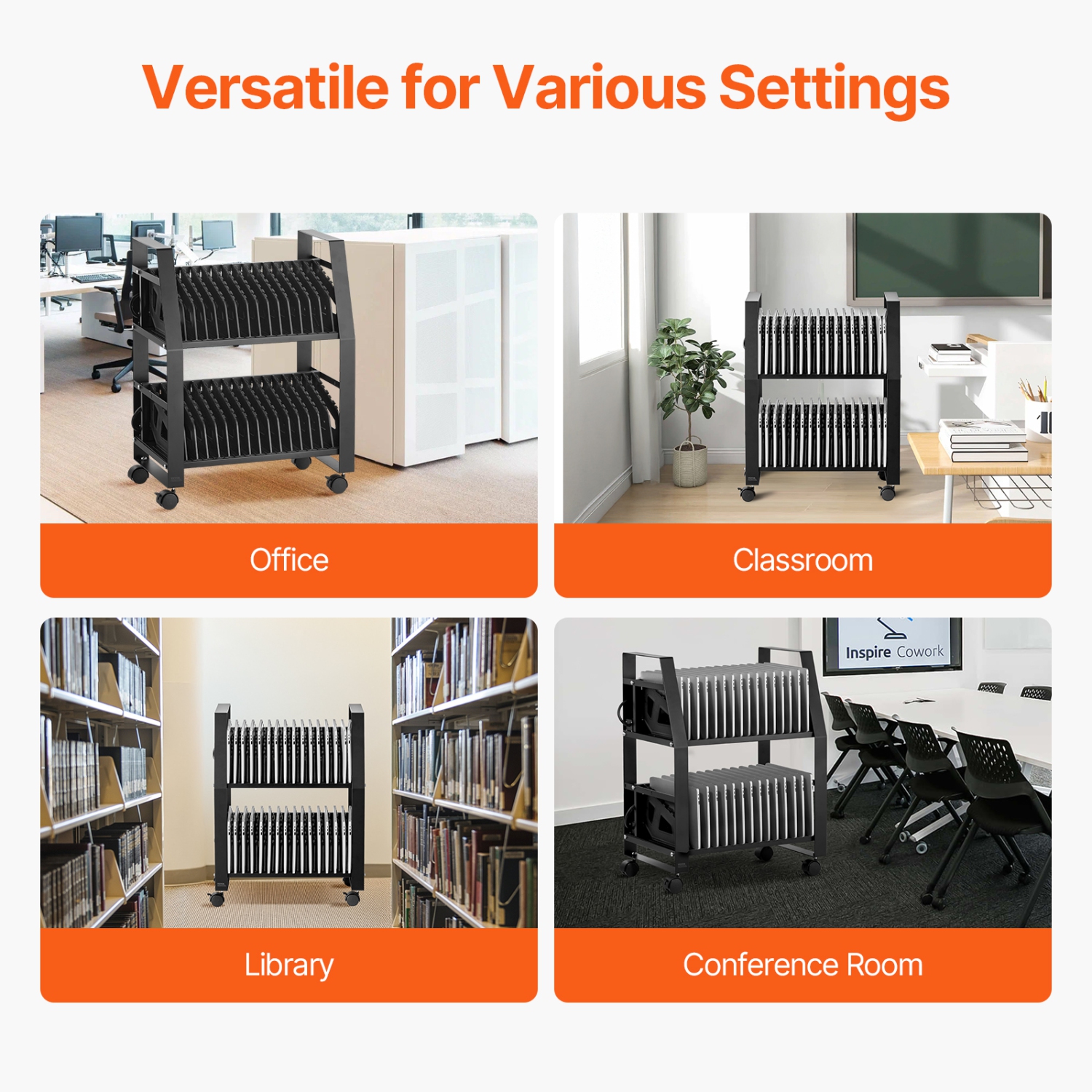 VEVOR 32 Device Laptop Cart, Mobile Open Charging Station, Up to 15.6 in Screen Size, Office and Classroom Mobile Charging Cart, for Chromebook,