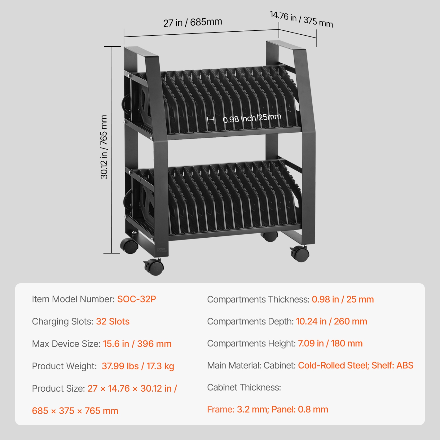 VEVOR 32 Device Laptop Cart, Mobile Open Charging Station, Up to 15.6 in Screen Size, Office and Classroom Mobile Charging Cart, for Chromebook,
