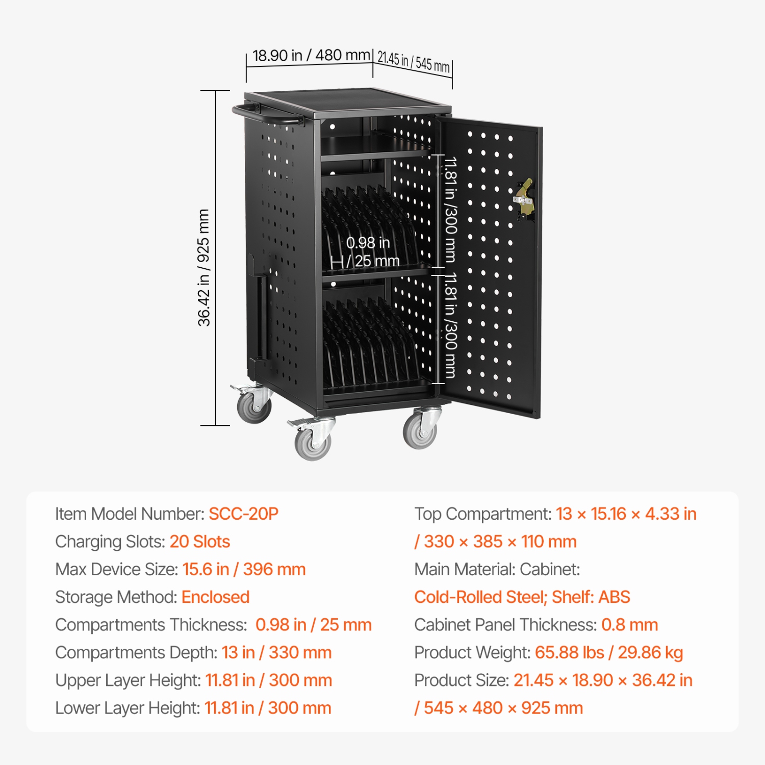 VEVOR 20 Device Laptop Cart, Mobile Charging Cart, Up to 15.6 in Screen Size, Office and Classroom Mobile Charging Cart, for Chromebook, Tablet and