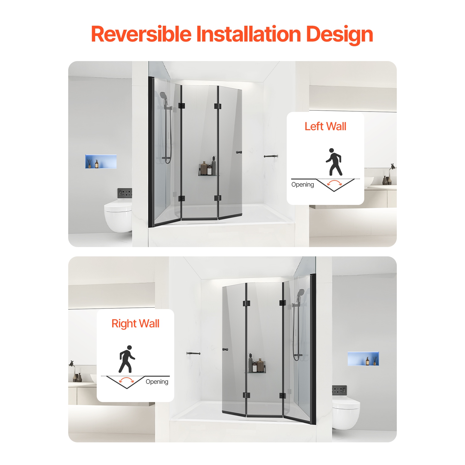 VEVOR 51 in W x 56 in H Bathtub Shower Door, Frameless Foldable Hinged Shower Door, Tri-Fold Shower Door with 1/4 in Tempered Glass Door, 180°