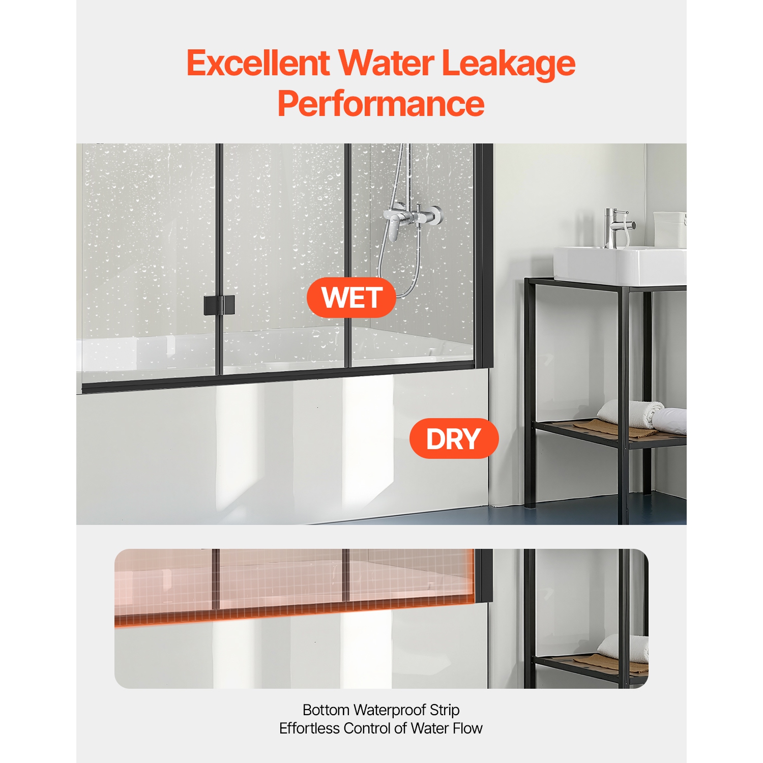 VEVOR 51 in W x 56 in H Bathtub Shower Door, Frameless Foldable Hinged Shower Door, Tri-Fold Shower Door with 1/4 in Tempered Glass Door, 180°