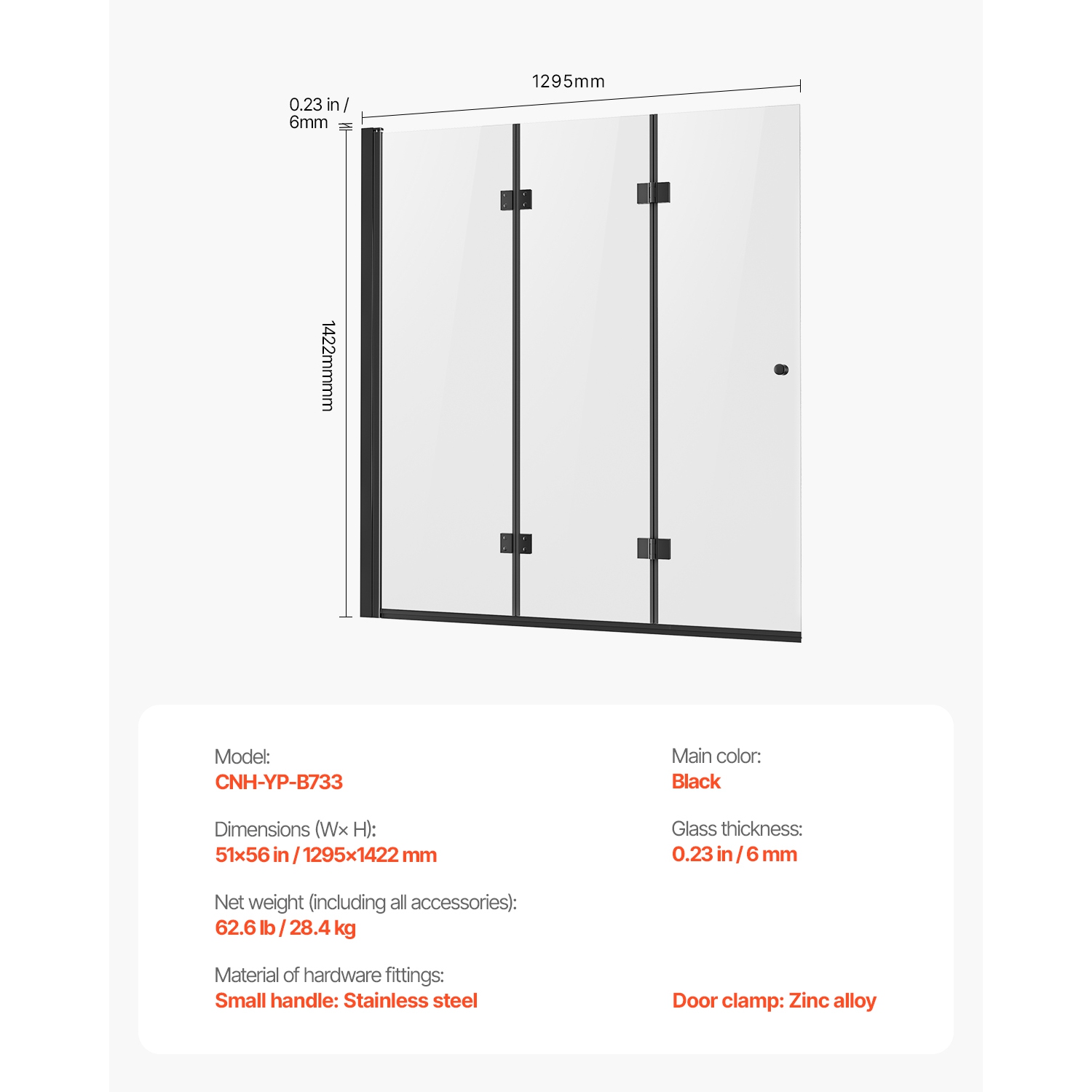 VEVOR 51 in W x 56 in H Bathtub Shower Door, Frameless Foldable Hinged Shower Door, Tri-Fold Shower Door with 1/4 in Tempered Glass Door, 180°