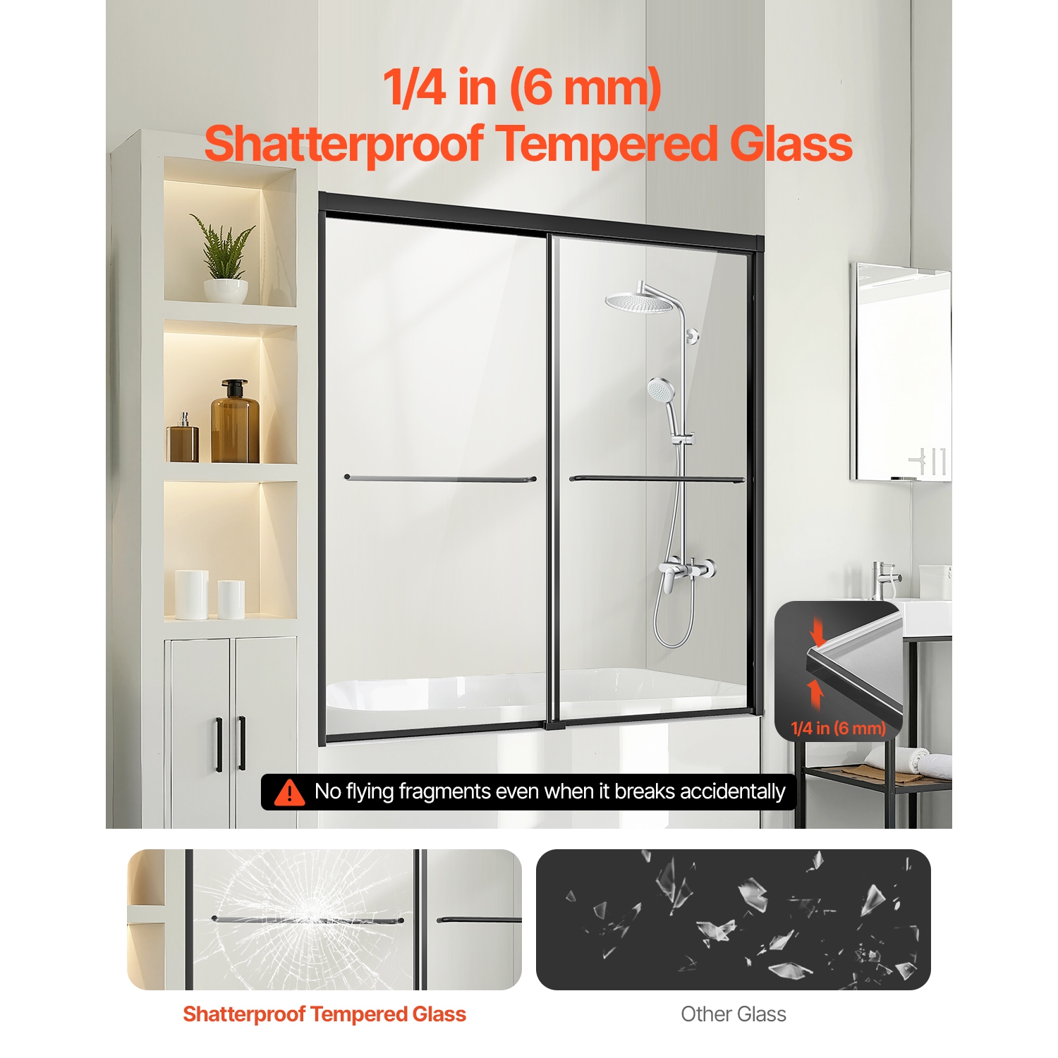 VEVOR 50-60 in W x 60 in H, Bathtub Shower Door, Semi-Frameless Double Sliding Tub Door, Bypass Tub Door with 1/4 in Shatterproof Tempered Glass and