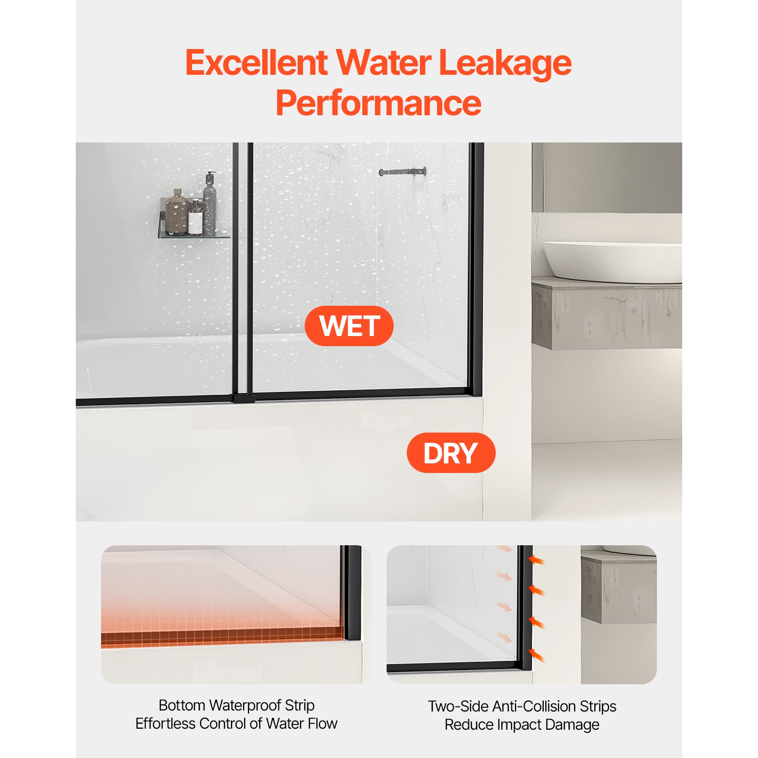 VEVOR 50-60 in W x 60 in H, Bathtub Shower Door, Semi-Frameless Double Sliding Tub Door, Bypass Tub Door with 1/4 in Shatterproof Tempered Glass and