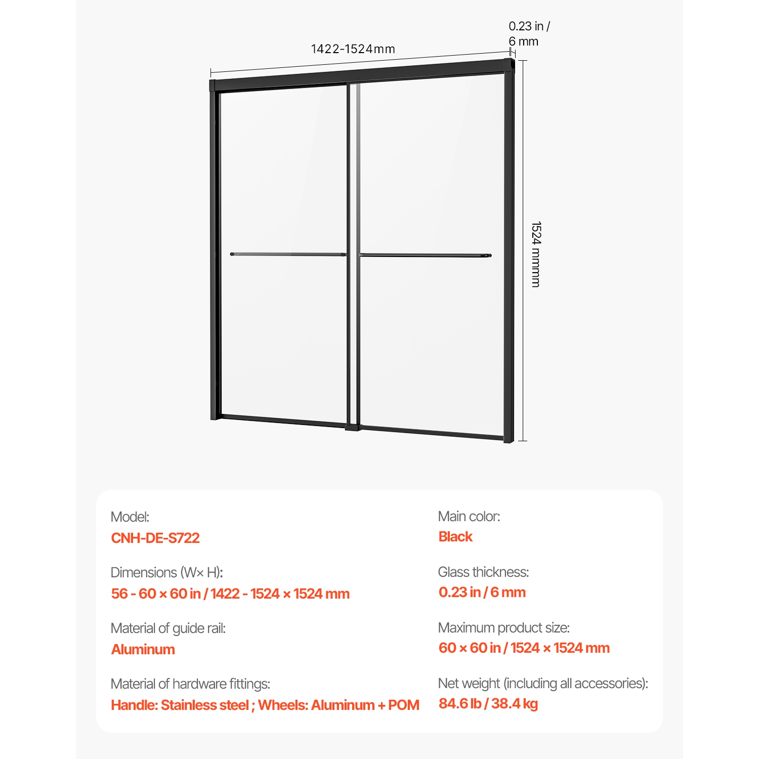 VEVOR 50-60 in W x 60 in H, Bathtub Shower Door, Semi-Frameless Double Sliding Tub Door, Bypass Tub Door with 1/4 in Shatterproof Tempered Glass and