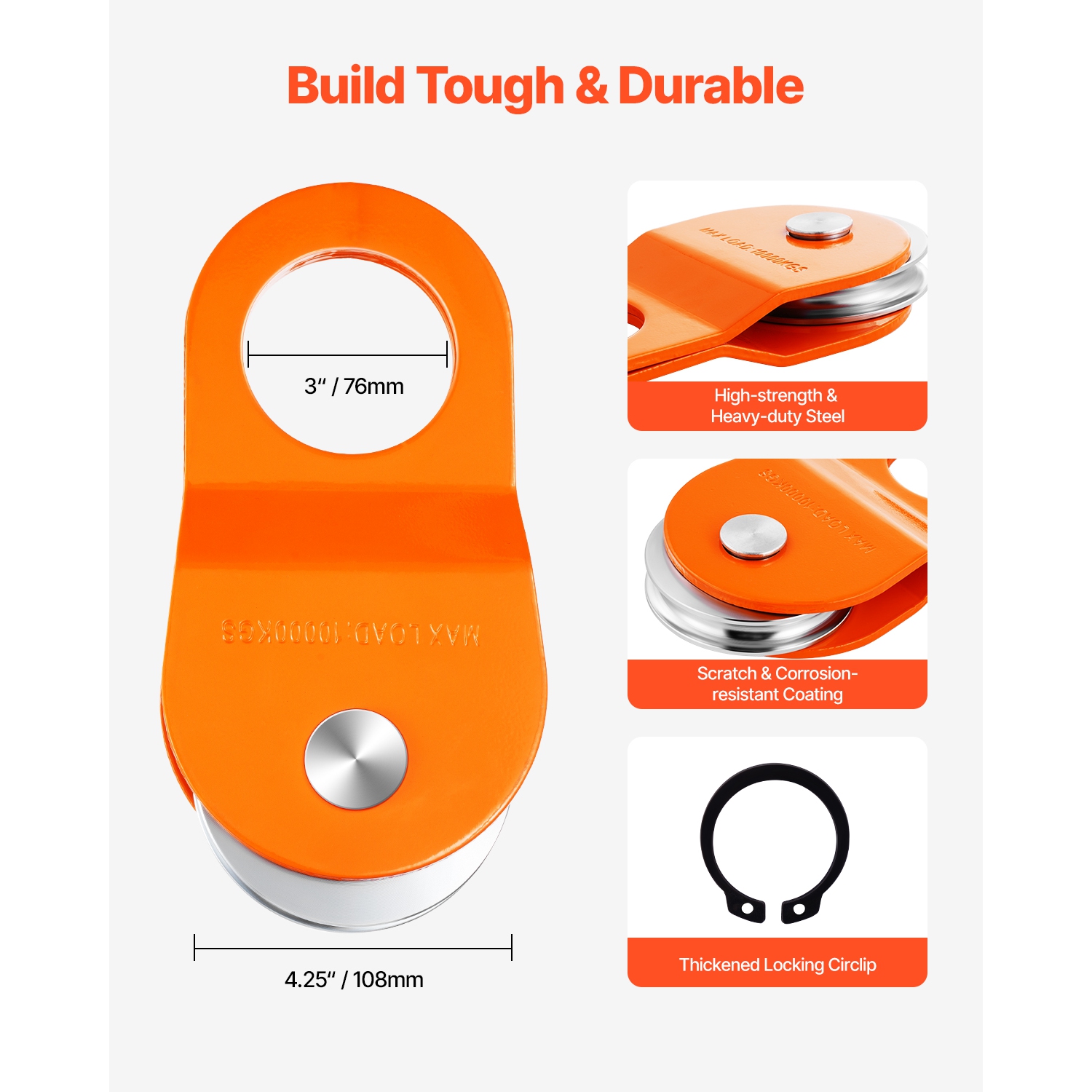 VEVOR 10 T Winch Snatch Block, 22,000 lbs Capacity Block and Tackle Pulley System, with 0.4"-0.55" Rope, Winch Hook Accessories, Heavy Duty Accessory