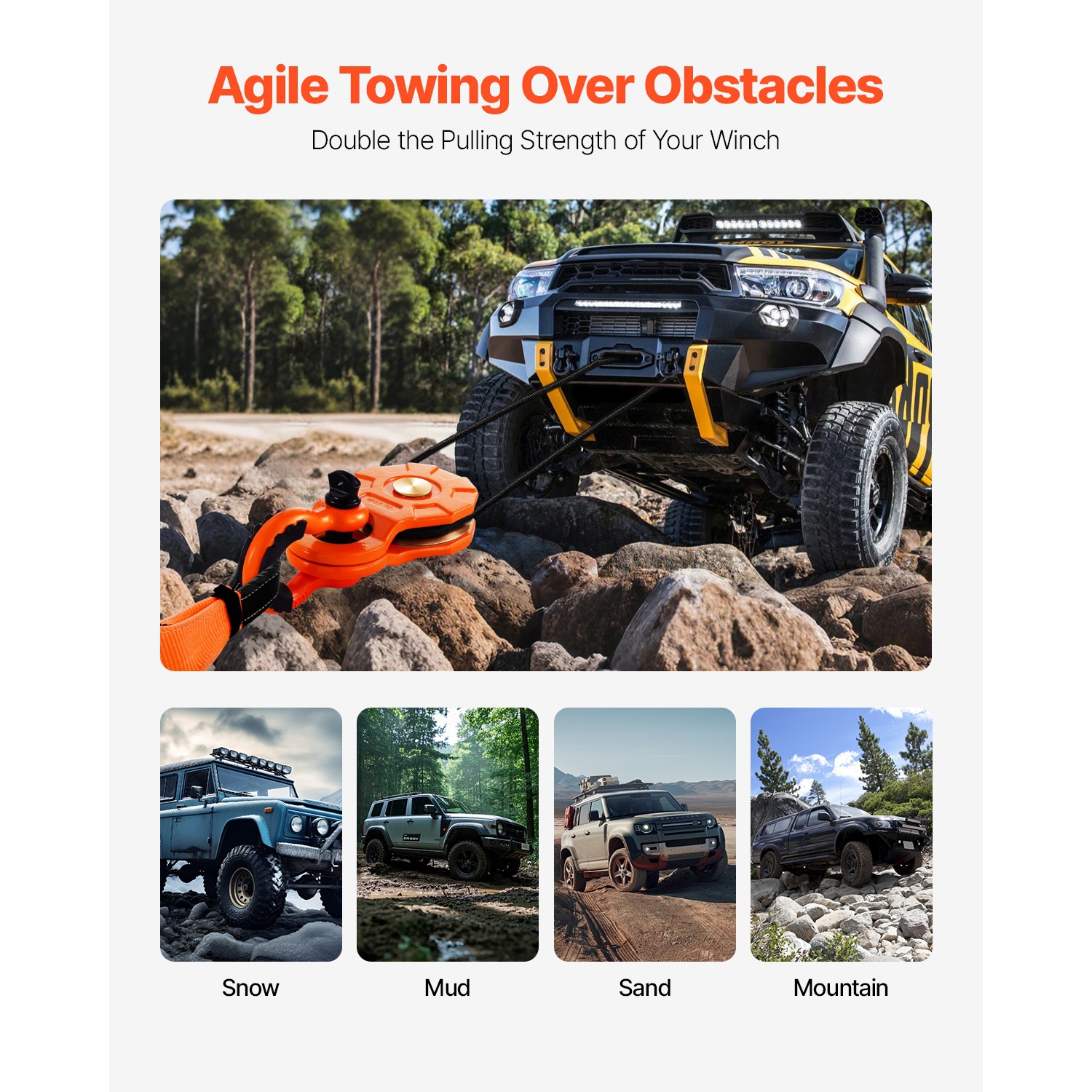 VEVOR 10 T Winch Snatch Block, 22,000 lbs Capacity Block and Tackle Pulley System, with 0.4"-0.55" Rope, Winch Hook Accessories, Heavy Duty Accessory