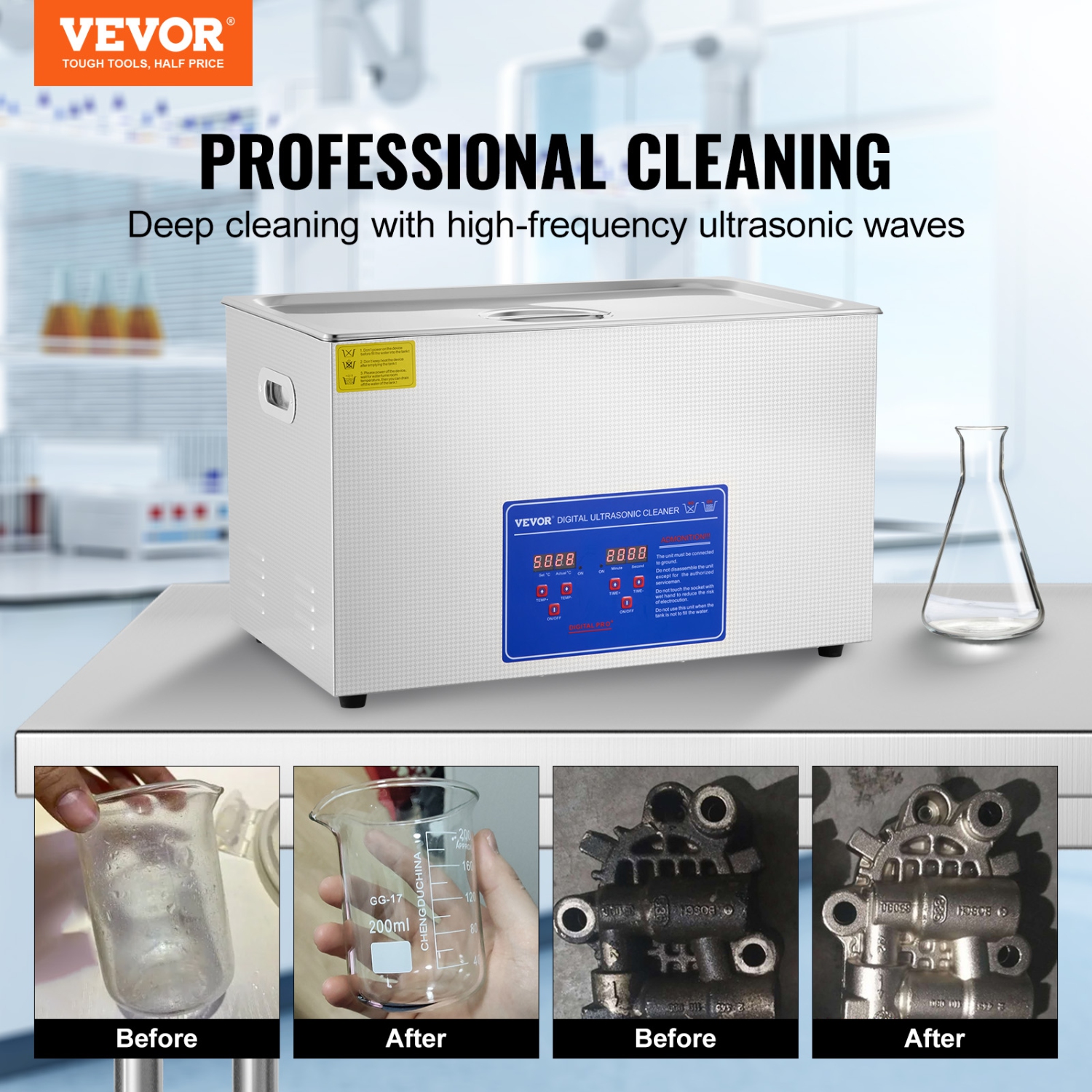 VEVOR 27.2 L Professional Ultrasonic Cleaner, Ultrasonic Jewelry Cleaner with Digital Timer & Heater, Stainless Steel Industrial Sonic Cleaner 40kHz