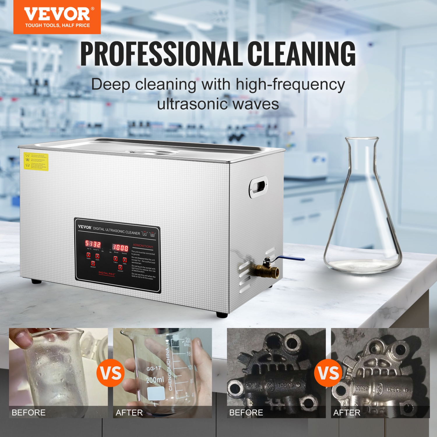 VEVOR 30L Ultrasonic Cleaner with Digital Timer & Heater, Professional Ultra Sonic Jewelry Cleaner, Stainless Steel Heated Cleaning Machine for