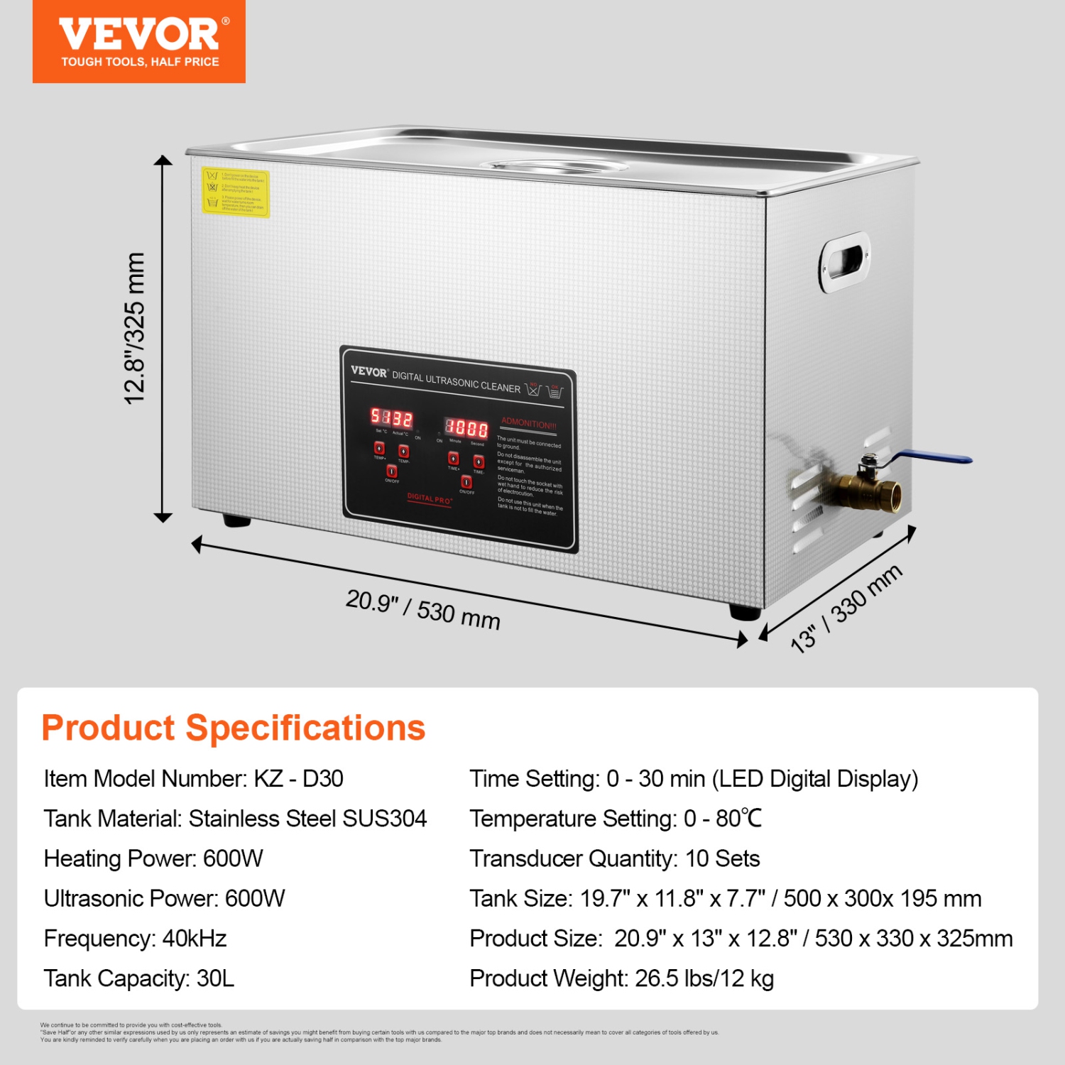 VEVOR 30L Ultrasonic Cleaner with Digital Timer & Heater, Professional Ultra Sonic Jewelry Cleaner, Stainless Steel Heated Cleaning Machine for