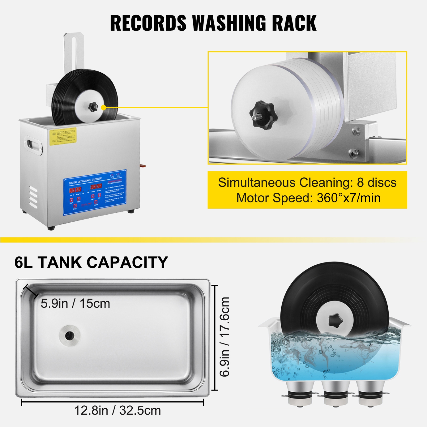 VEVOR 6L 40kHz Ultrasonic Vinyl Record Cleaner Vinyl Ultrasonic Cleaning Machine 304 Stainless Steel Record Ultrasonic Cleaner 6 Records with Drying
