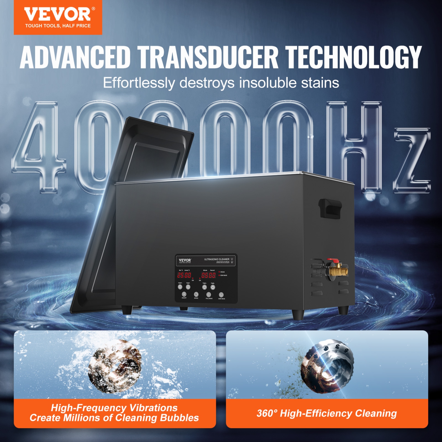 Nettoyeur à ultrasons VEVOR 30&nbsp;L, appareil de nettoyage à ultrasons numérique 600&nbsp;W avec dégazage et mode délicat améliorés, nettoyeur à