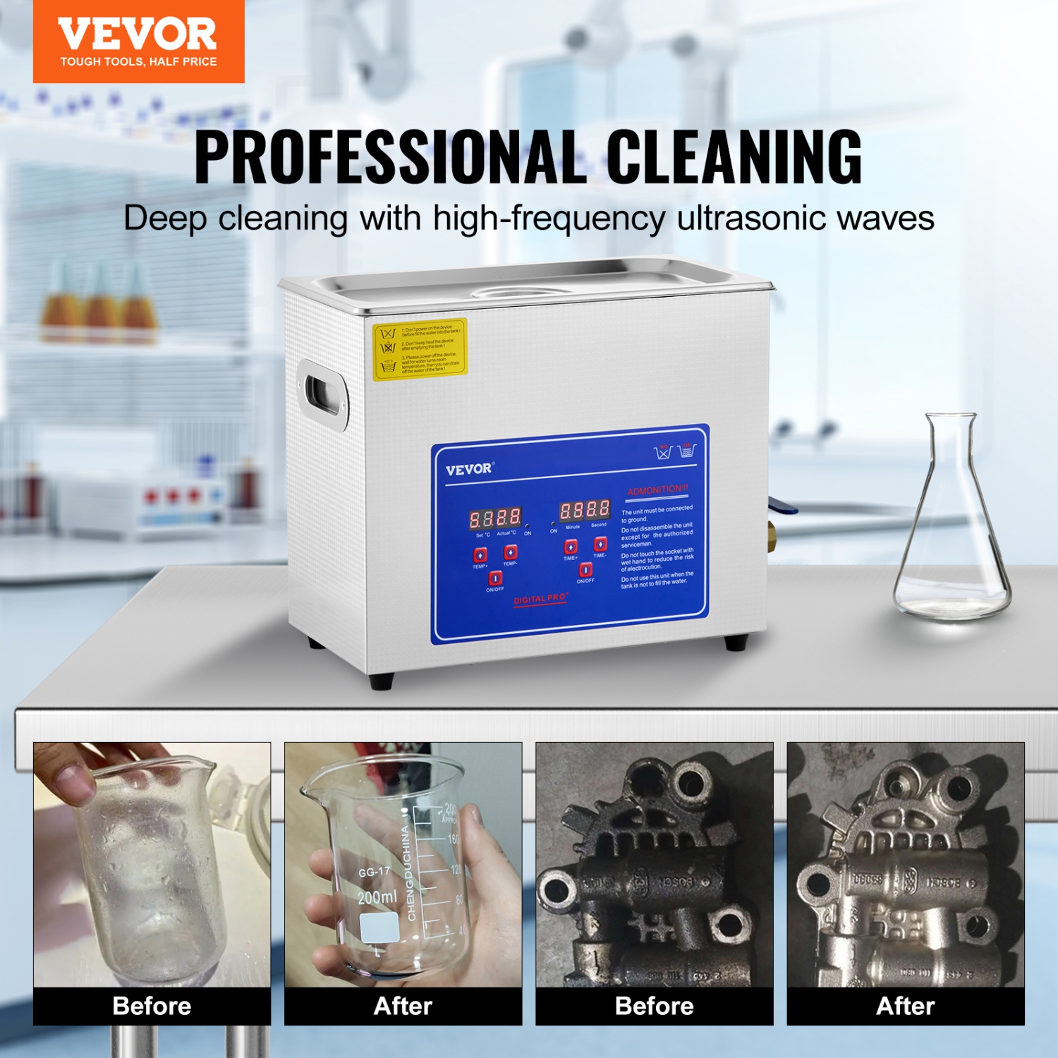 VEVOR 6 L Professional Ultrasonic Cleaner, Ultrasonic Jewelry Cleaner with Digital Timer & Heater, Stainless Steel Industrial Sonic Cleaner 40kHz for