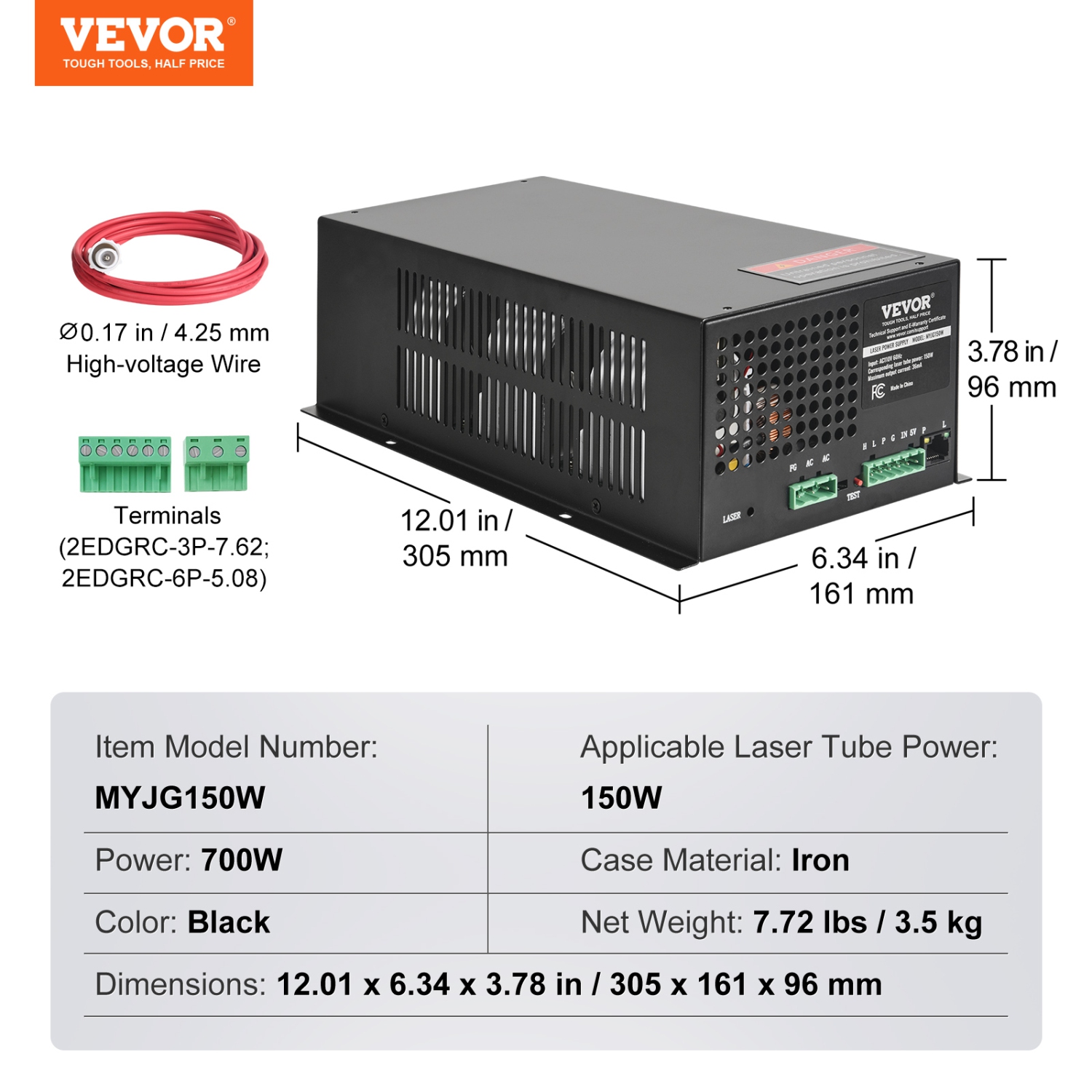 VEVOR 150W CO2 Laser Power Supply, Power Supply for 150W Laser Tube, Constant Current Protection, Open Circuit Protection, Fast Heat Dissipation,