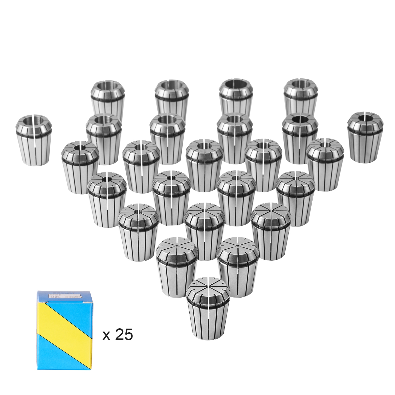 VEVOR 25 pcs ER32 Collet Set, 1/16''-13/16'',ER32 Spring Collet Chuck Set, 0.0006"/15 μm TIR Lathe Chuck Tool with 25 Labeled Storage Boxes,for CNC