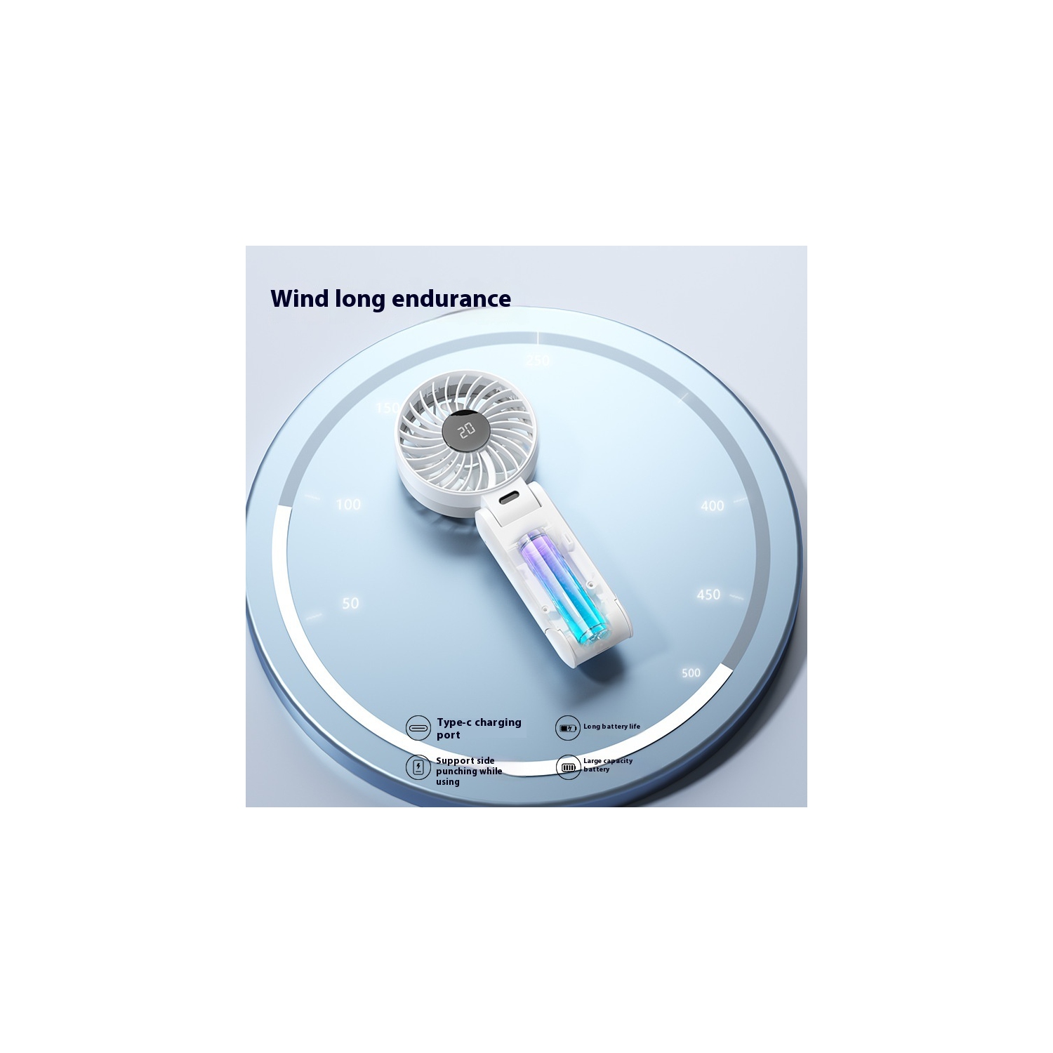 Handheld folding fan, portable neck hanging outdoor small fan, digital display 100-speed auxiliary food small fan