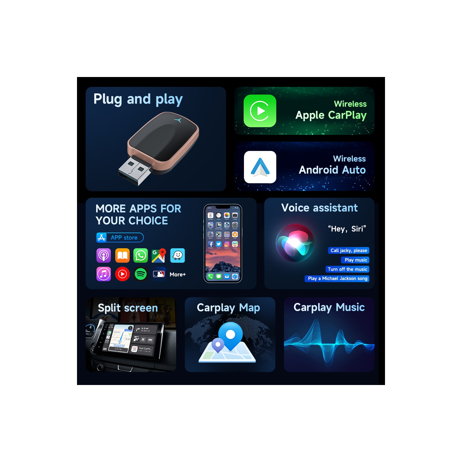 Carplay wired to wireless, car smart navigation adapter box two in one CarPlay and Android Auto wireless adapter, suitable for cars, plug and play,