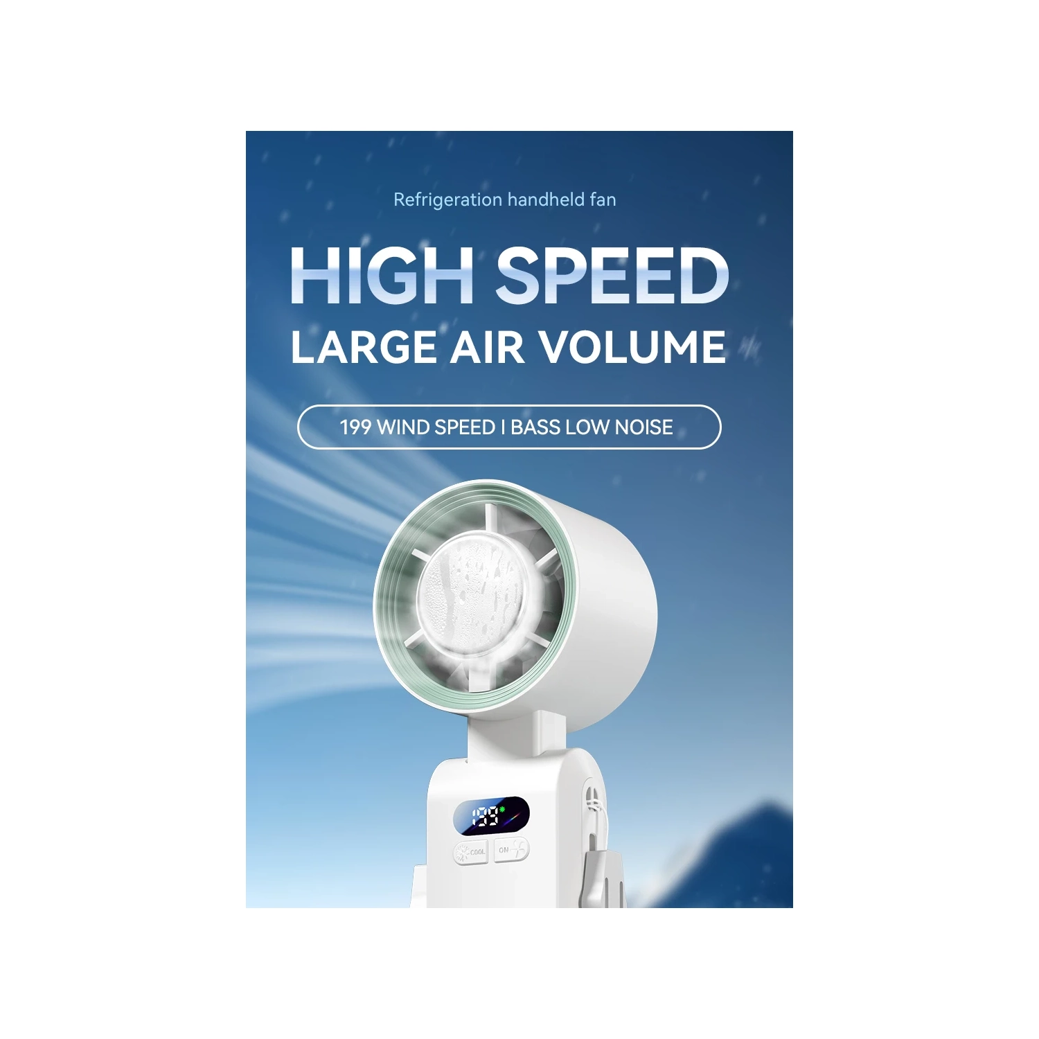 Ice high-speed handheld small fan, violent turbo fan portable rechargeable folding digital display fan 4000 mAh - ice + folding neck + 199 gear