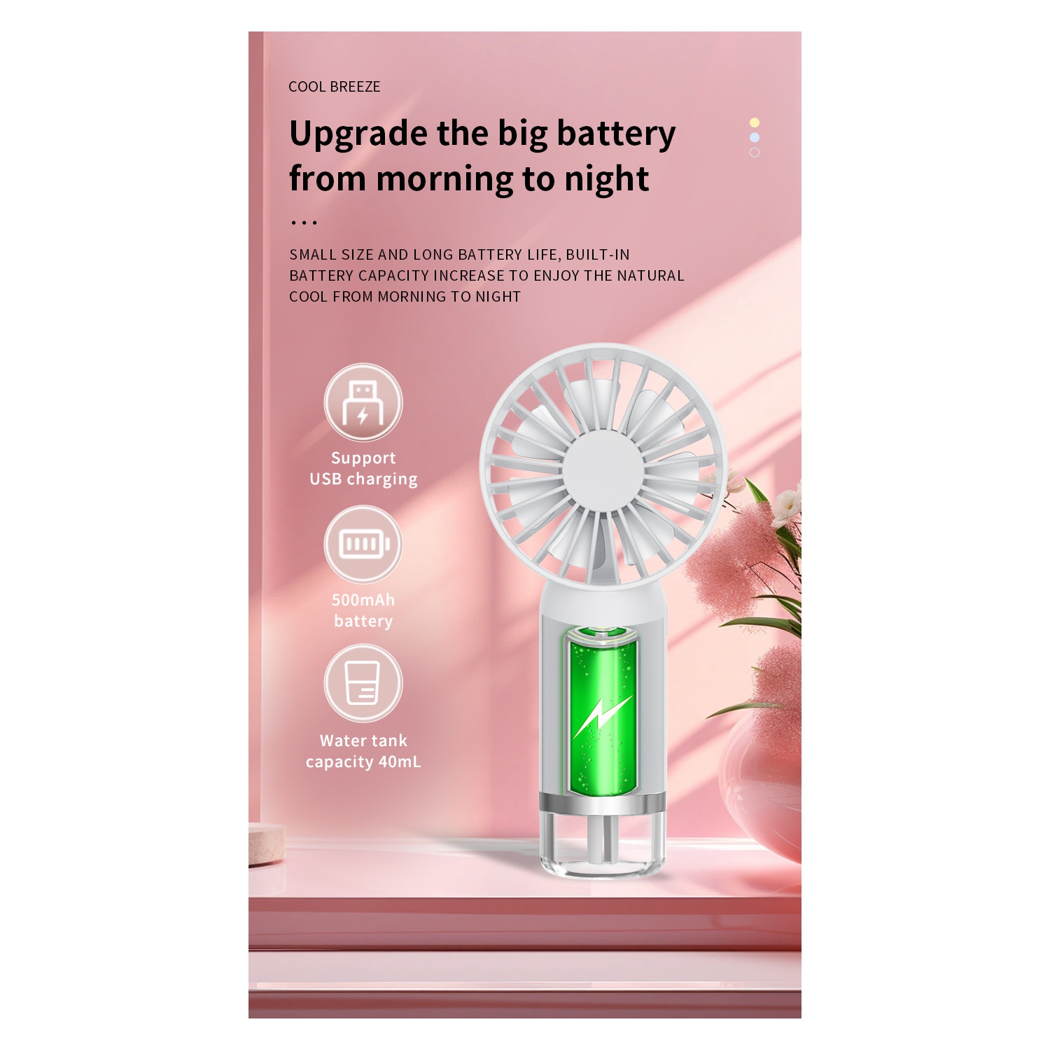 Handheld spray fan, cooling fan USB portable small fan, desktop fan, 500mAh-800mAh, 3 wind speeds - pink