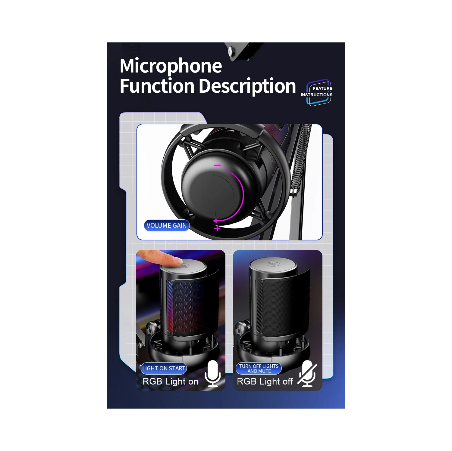 Game microphone, USB microphone RGB live broadcast condenser microphone, singing recording, USB colorful light mobile phone laptop game microphone -