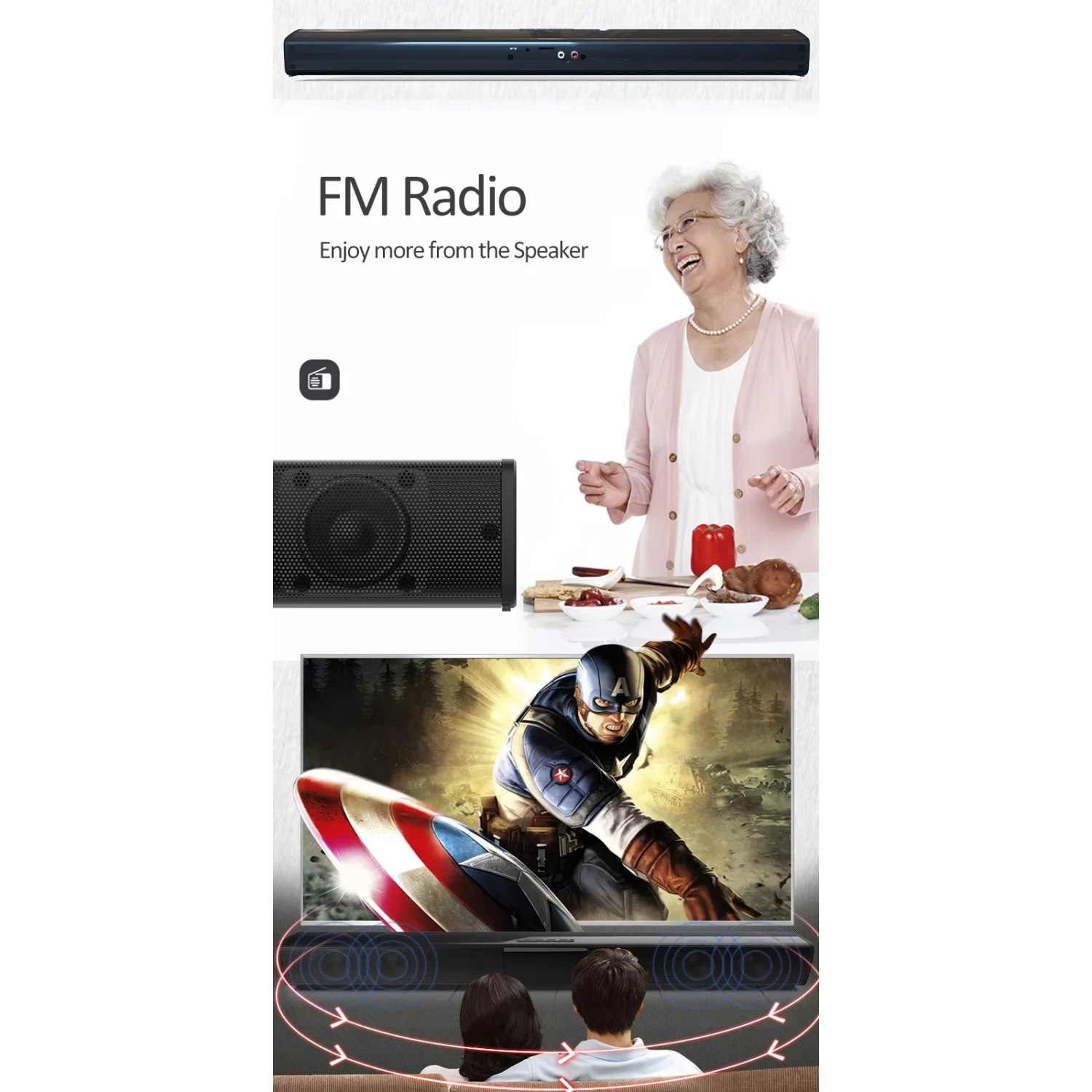 Longue barre de son, ordinateur de bureau cinéma maison TV haut-parleur Bluetooth, haut-parleur sans fil extérieur pour l'auto, système de cinéma