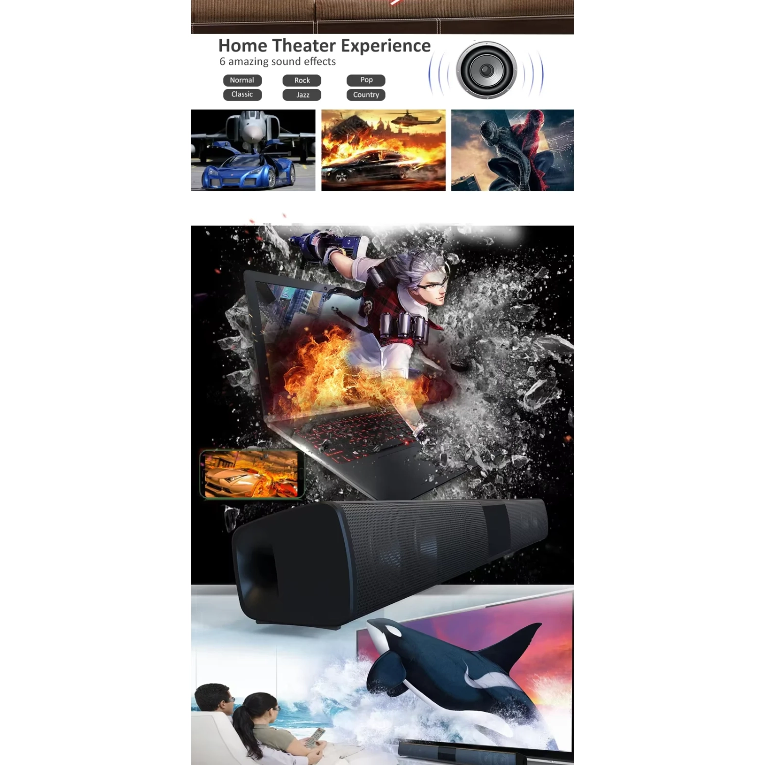 Longue barre de son, ordinateur de bureau cinéma maison TV haut-parleur Bluetooth, haut-parleur sans fil extérieur pour l'auto, système de cinéma