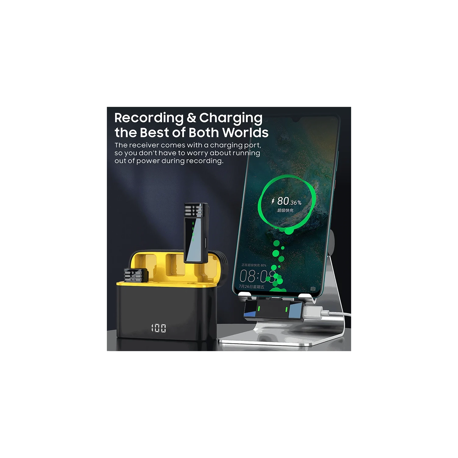 Wireless lavalier microphone, suitable for video recording, game live broadcast, interview - one to two with digital display charging box [yellow]