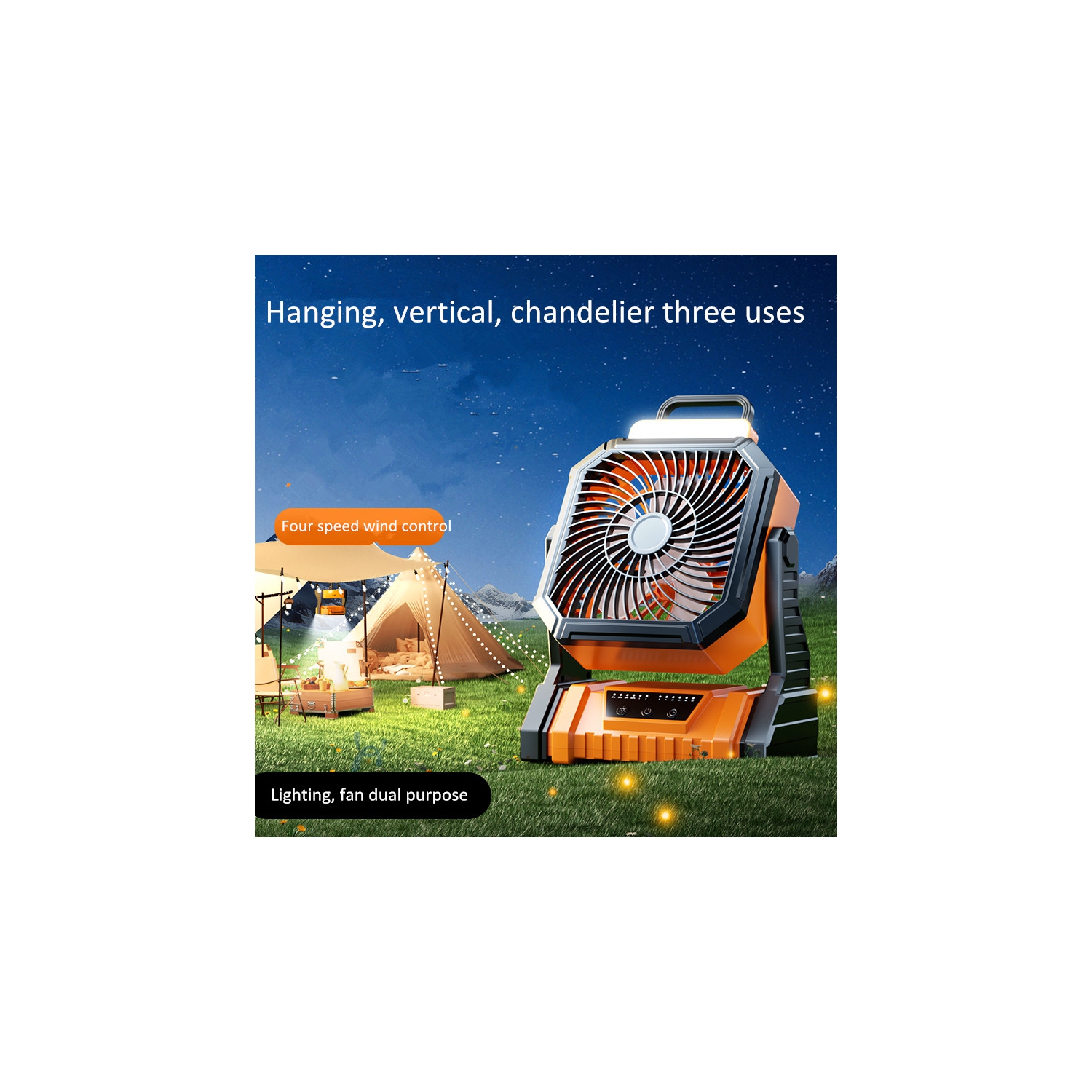 Outdoor camping rechargeable fan, USB lighting portable light sound fishing camping stall night market strong wind ceiling fan